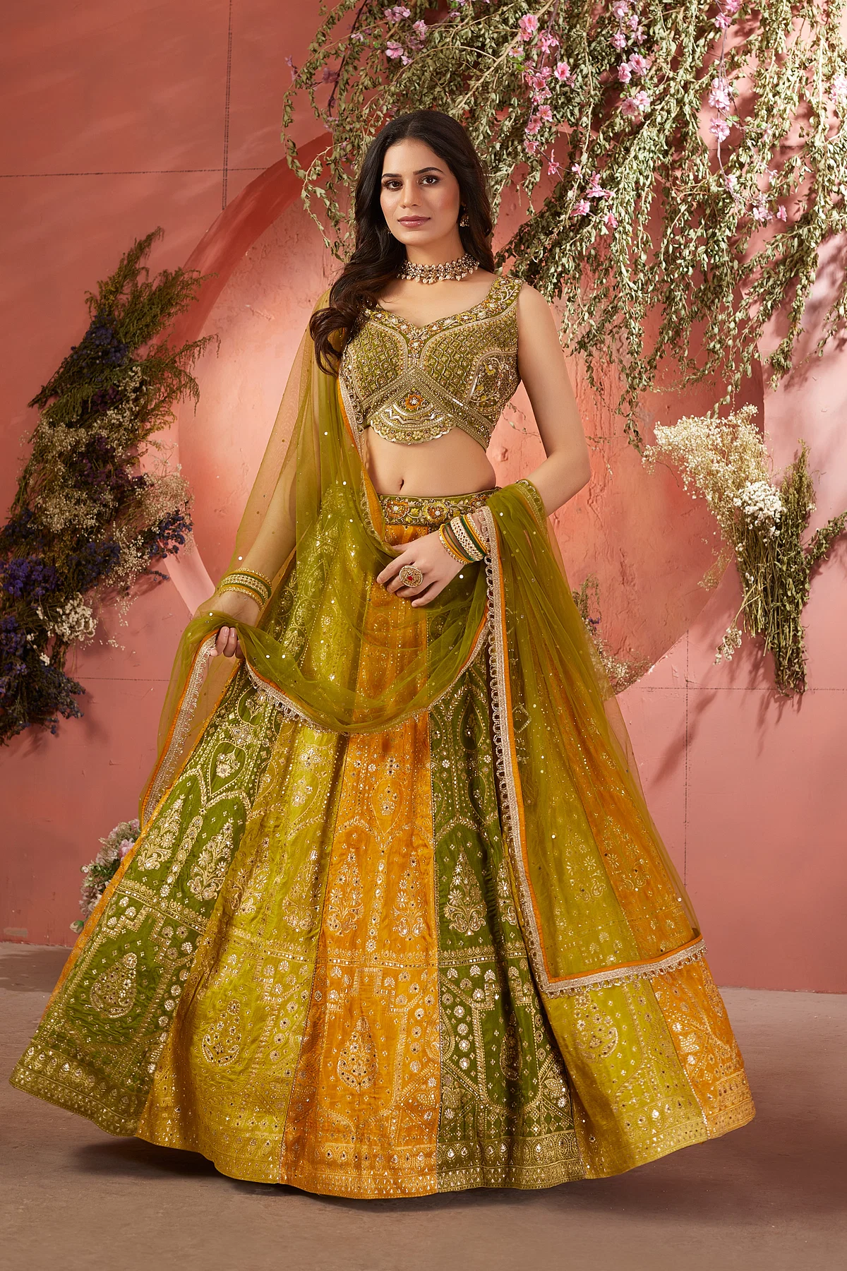 Green and Yellow Panel Style Silk Mehendi Lehenga With Embroidered Blouse Online at Samyakk