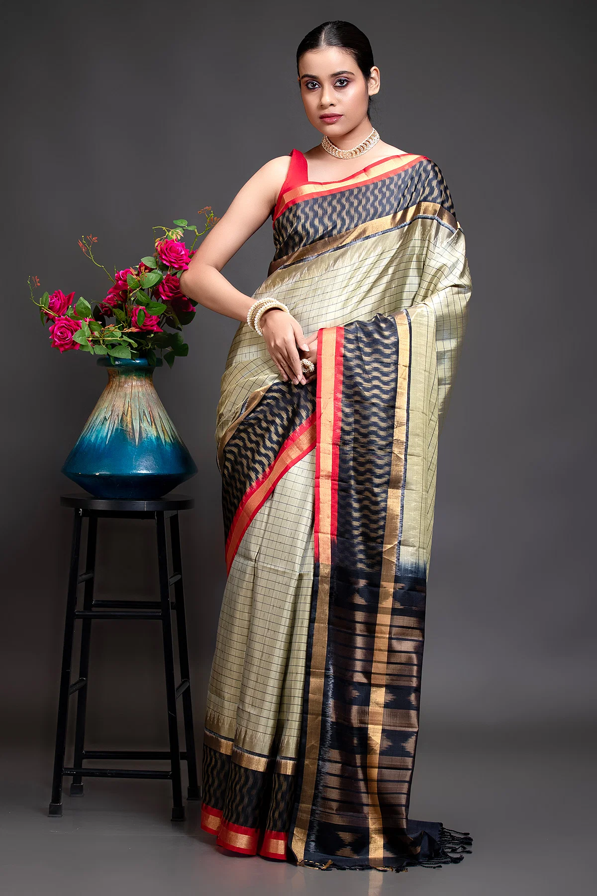 Buy Green Beige Woven Ikkat Silk Saree With Unstitched Blouse Online at Samyakk