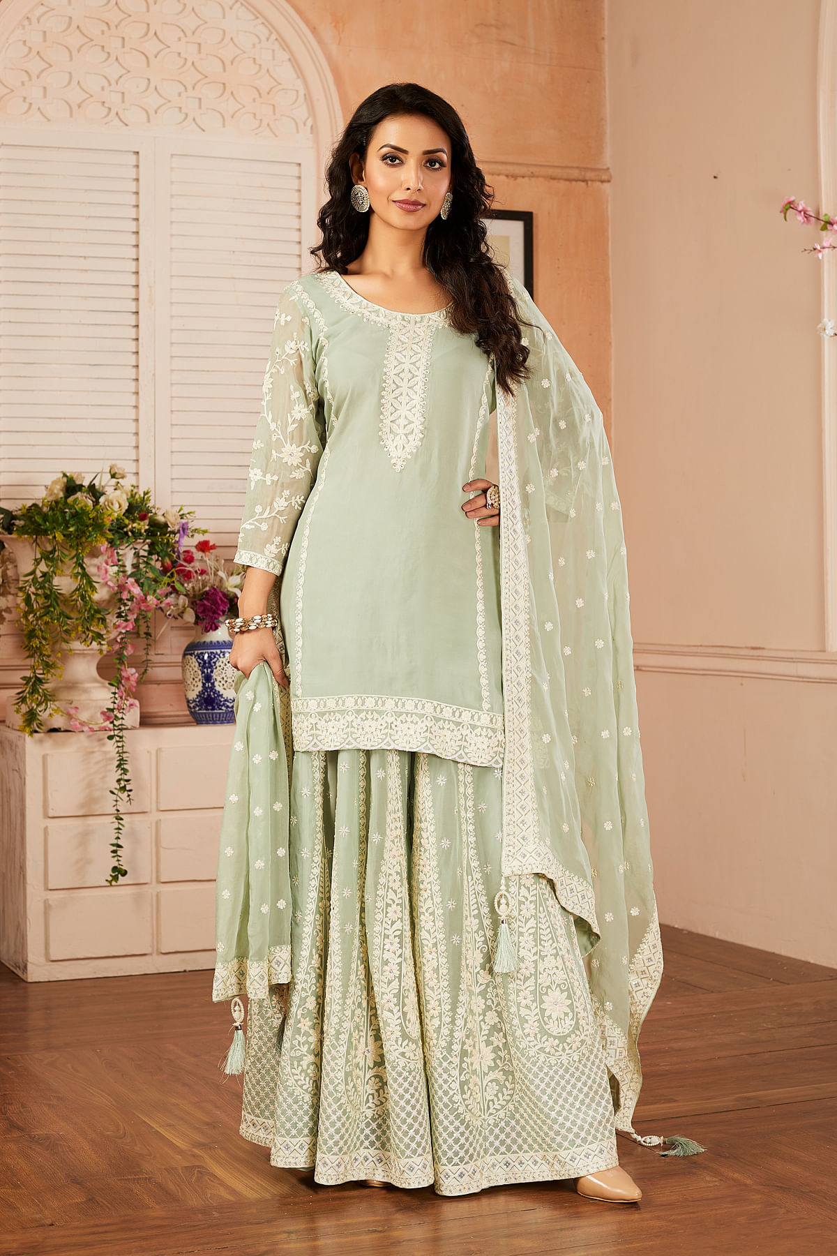 Green Georgette Sharara Suit With Resham Embroidery Online at Samyakk