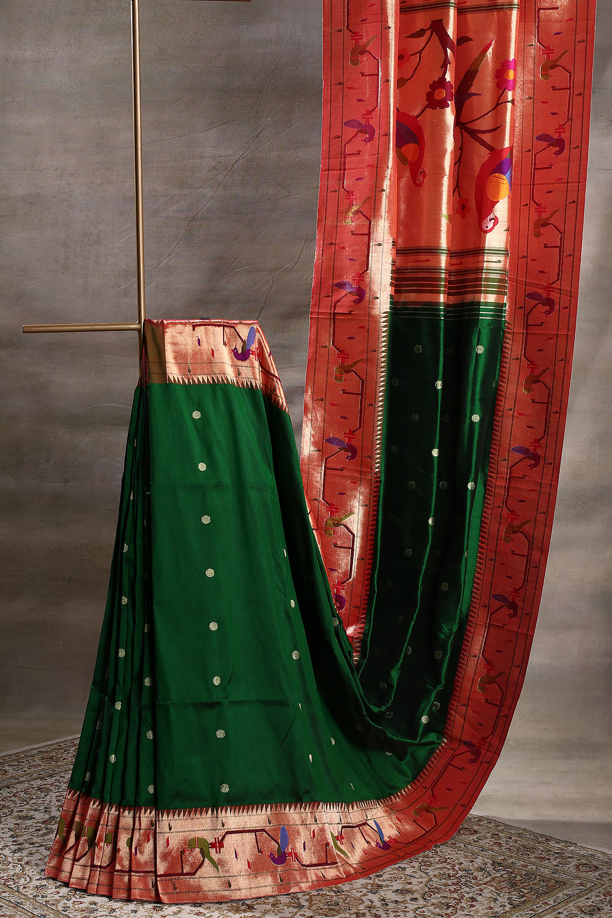 Green Paithani Silk Saree with Zari Woven and Unstitched Blouse Online at Samyakk