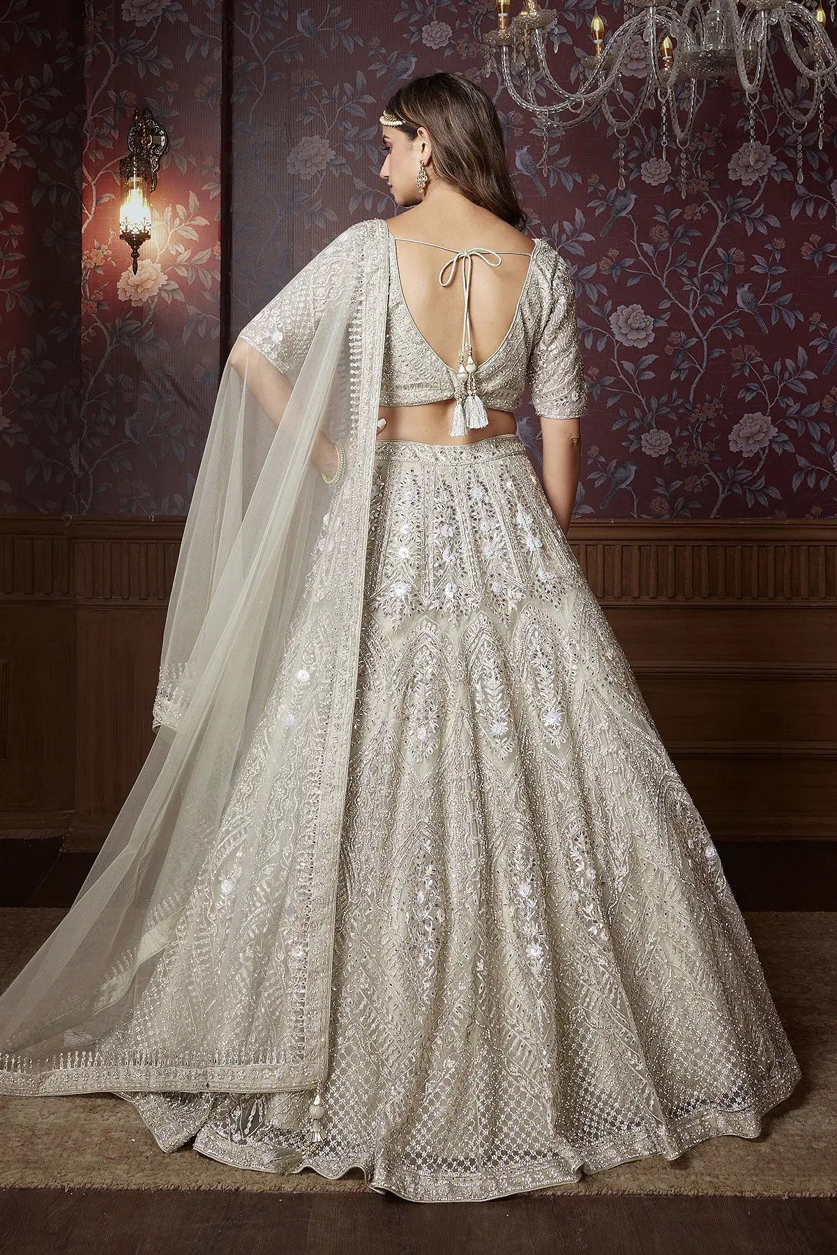 Green Party Wear Lehenga with Stone Work and Wide Deep V Neck Blouse GC4693