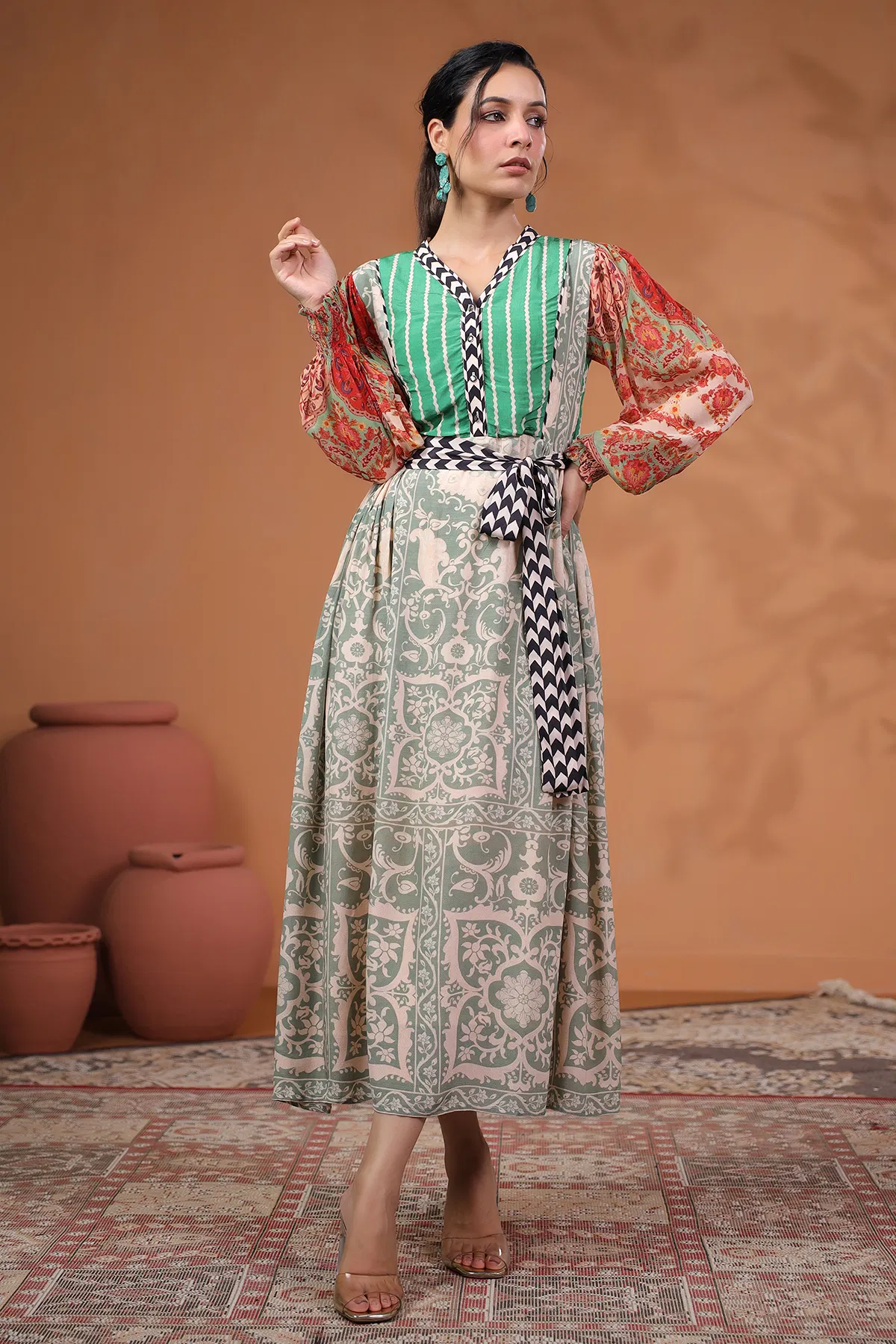 Green Printed Crepe Kurti with Puff Sleeve-WKR1931