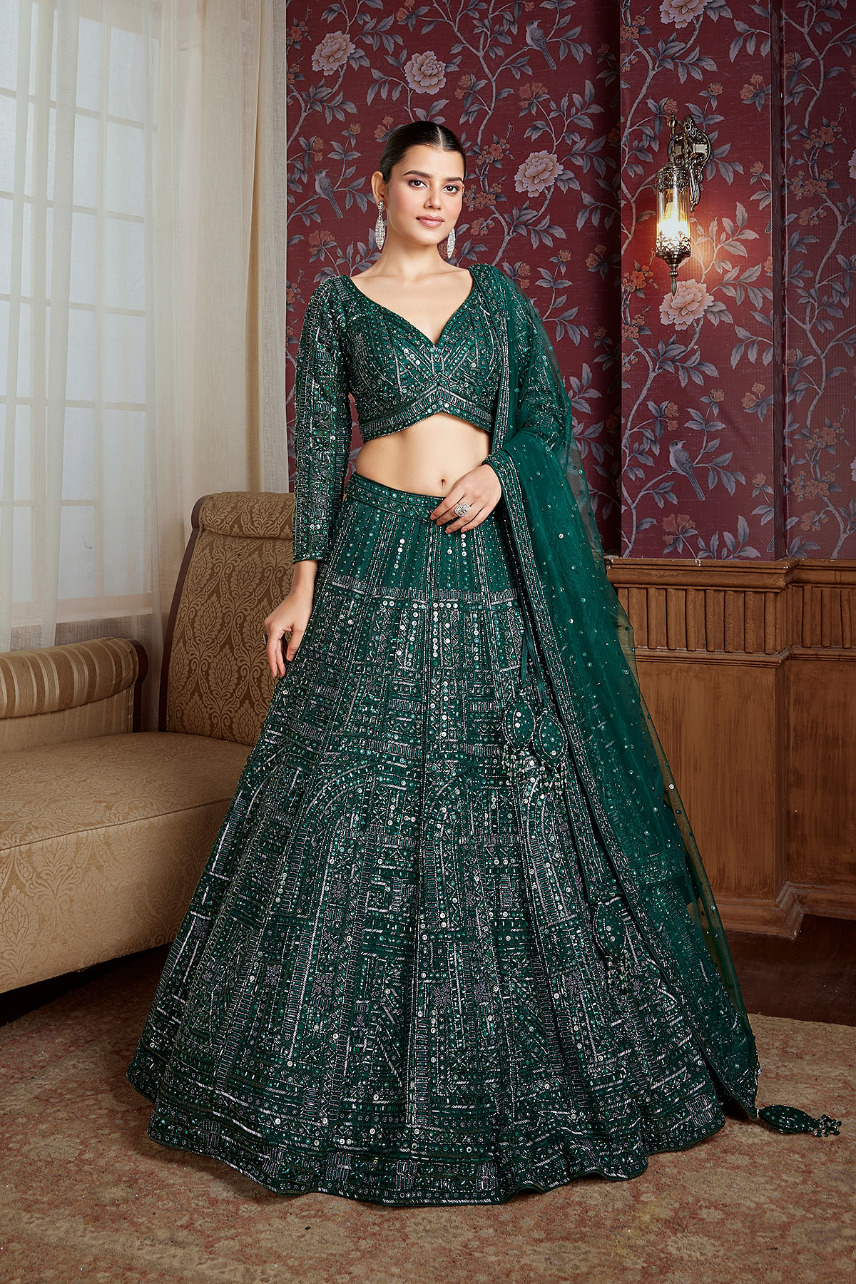 Buy Green Reception Lehenga with Sequins Embroidery and Deep V Neck Blouse Online at Samyakk