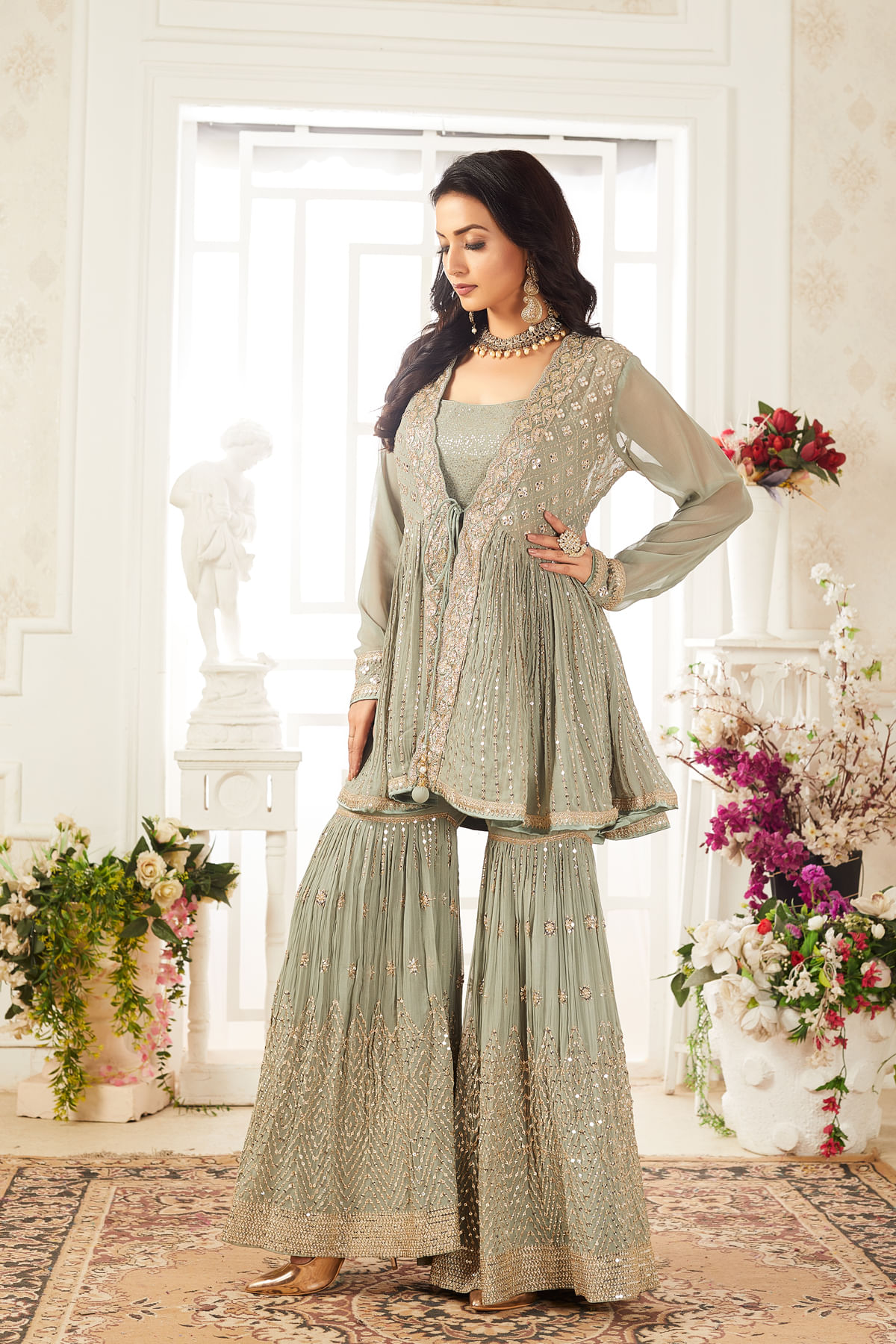 Green Sequins Embroidered Sharara Suit With Georgette Jacket-SL13769