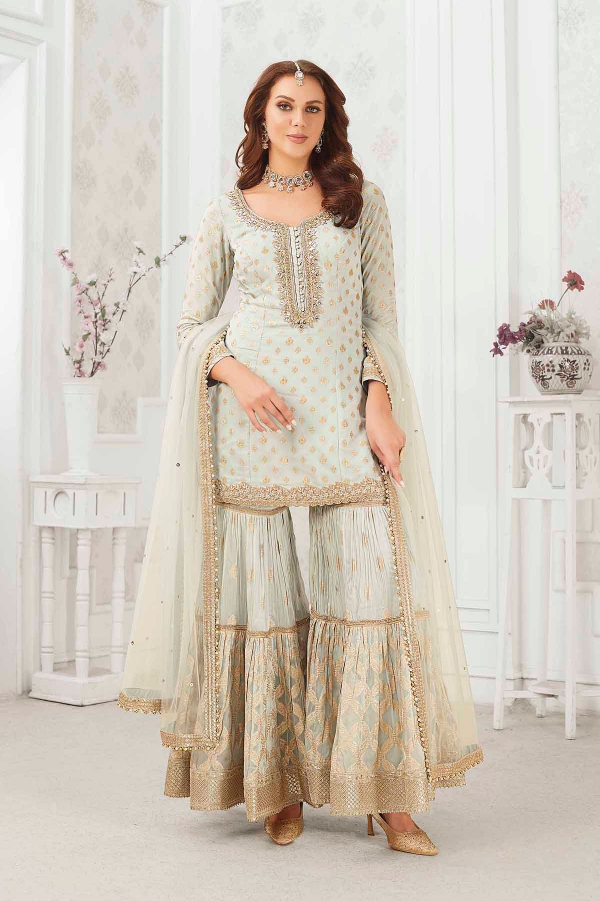 Buy Green Sharara Suit with Pearl Work and Scoop Neck Online at Samyakk