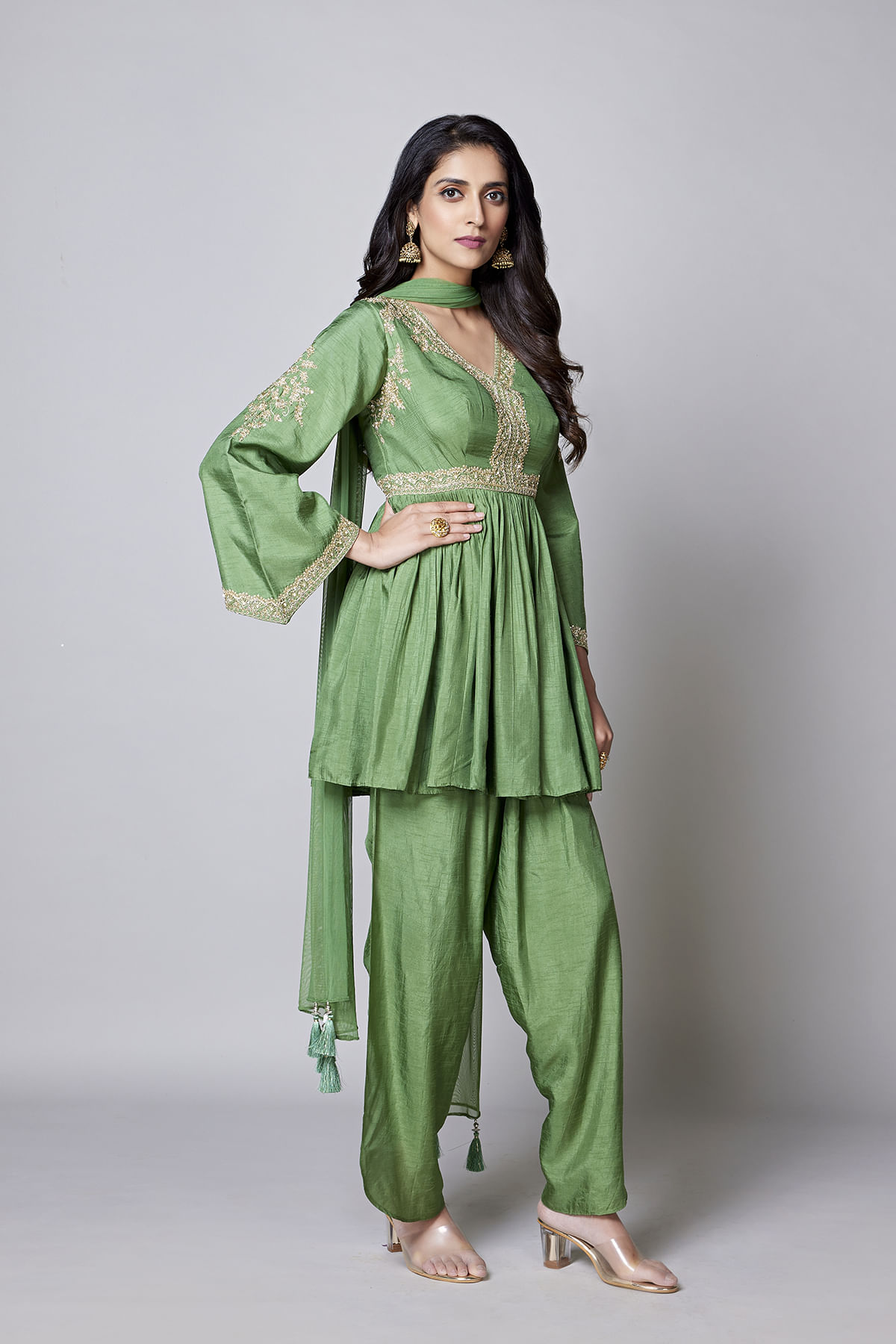 Green Silk Designer Salwar With Pearl Work And V Neck-SL13888