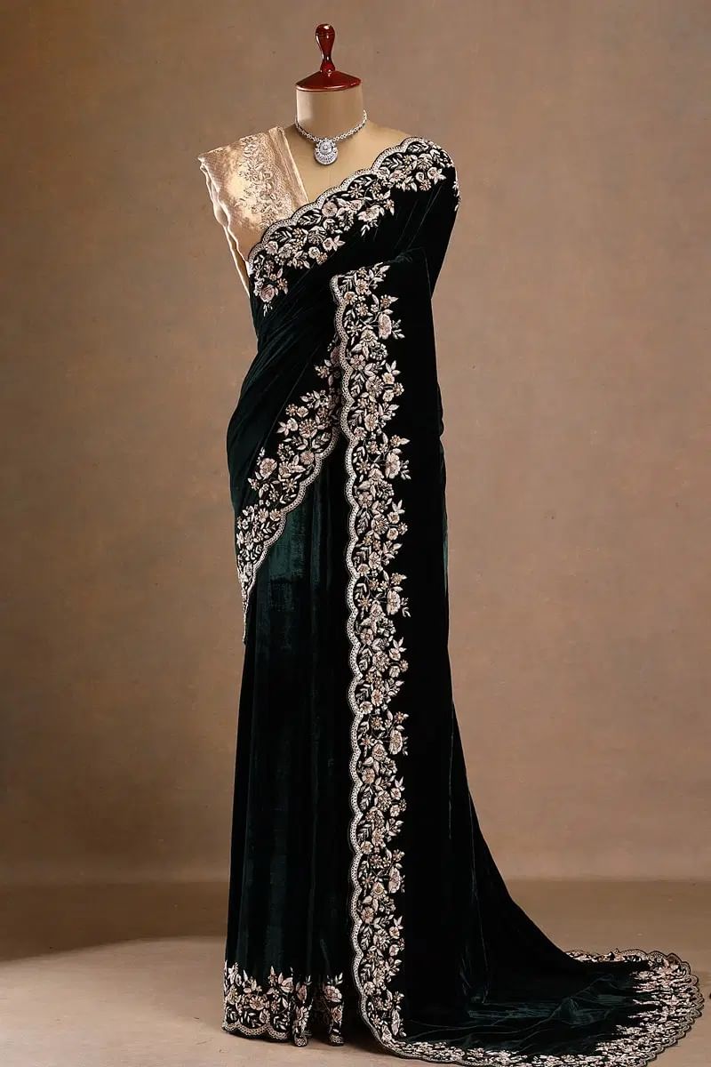 Green Velvet Saree