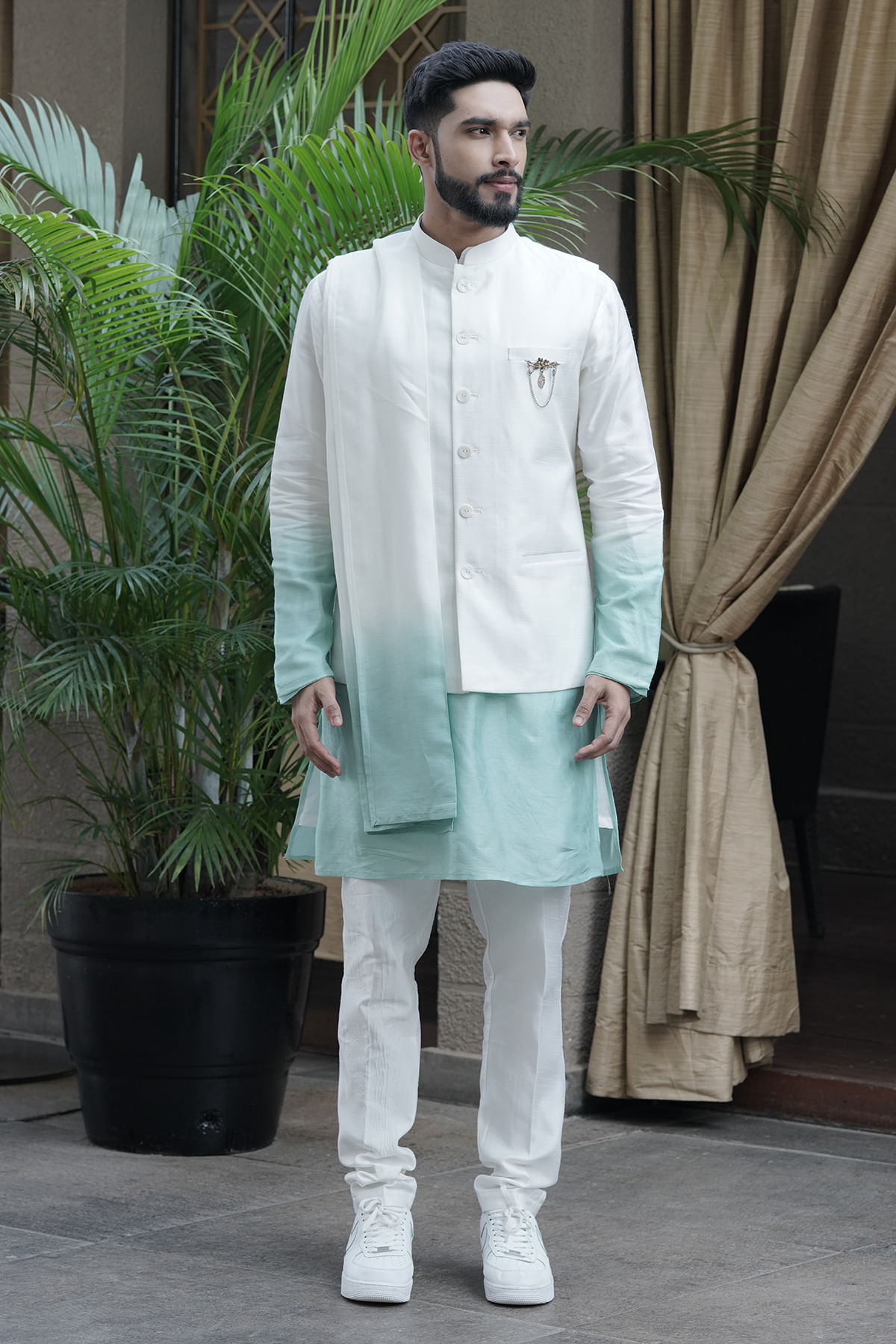 Green & White Kurta With Waistcoat