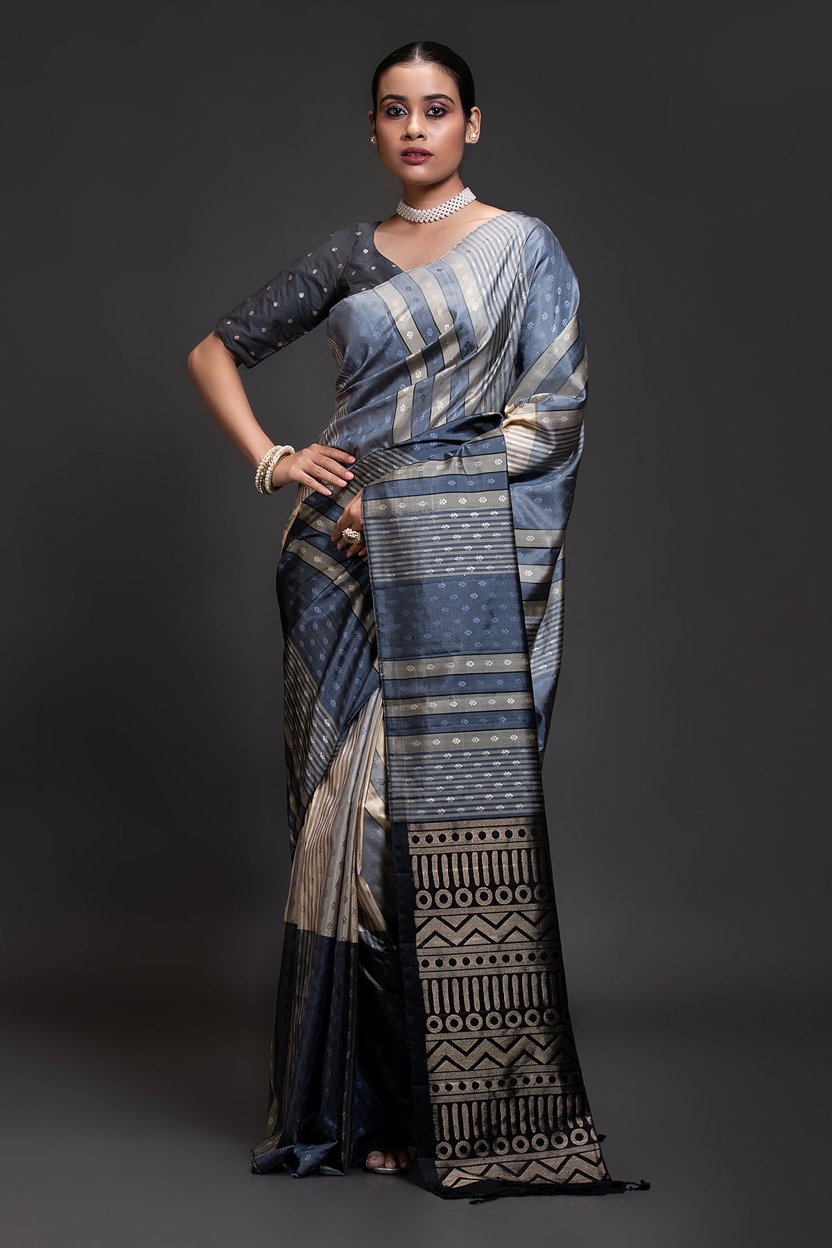 Tussar silk saree, wedding saree, weaving border saree, saree blouse, designer saree, Blouse for women, gray saree, beautiful saving zari saree