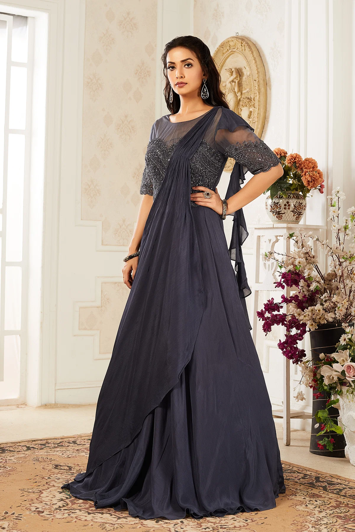 Grey Crepe Indo-Western Gown with Cutdana Work And Ruffled Dupatta