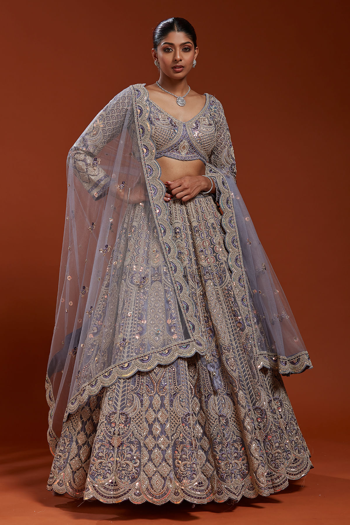 Latest Lehenga Trends 2025 Samyakk Sarees Sherwani Salwar Suits Grey Net Umbrella Style Engagement Lehenga With Curve V Neck Blouse Gh4930
