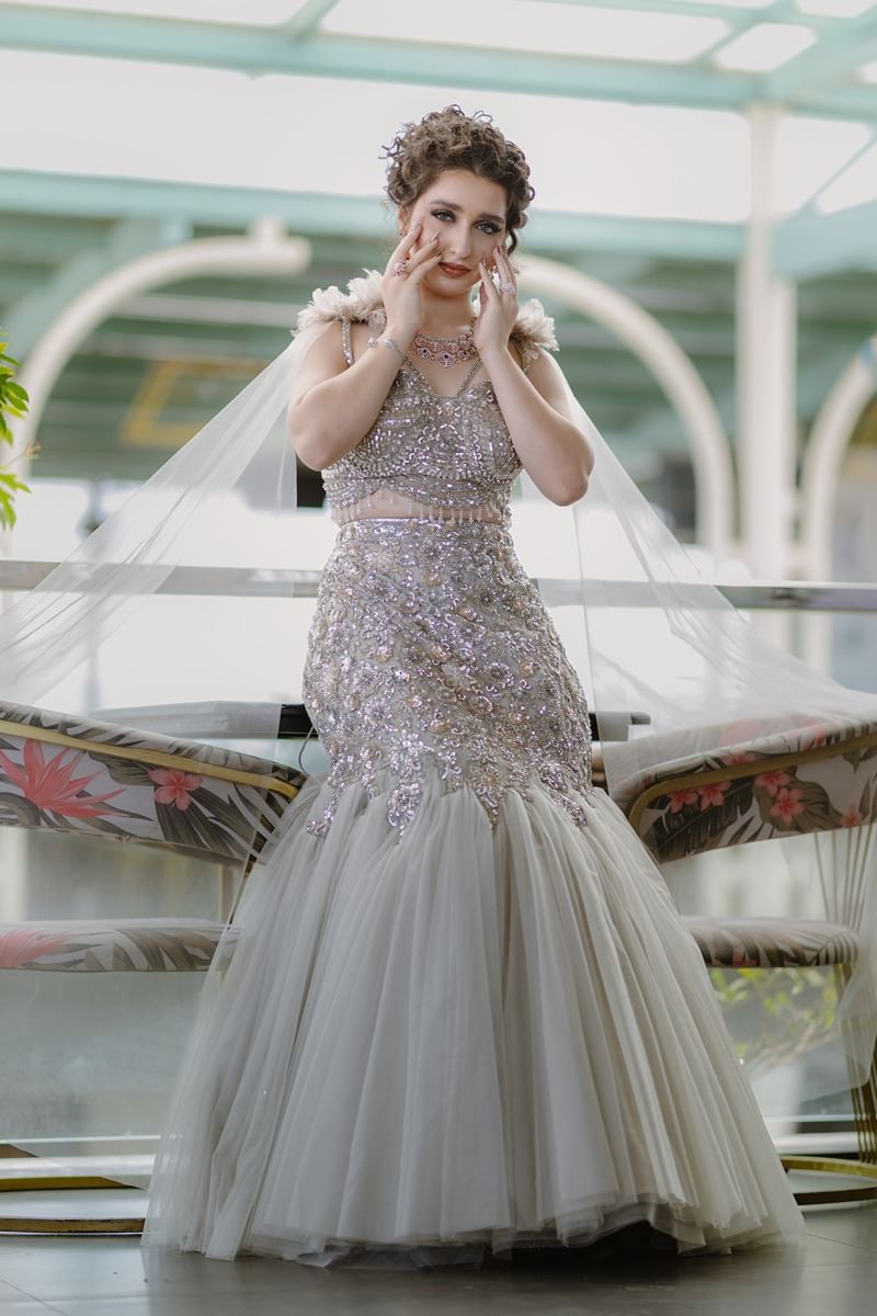 Grey Fish Cut Lehenga