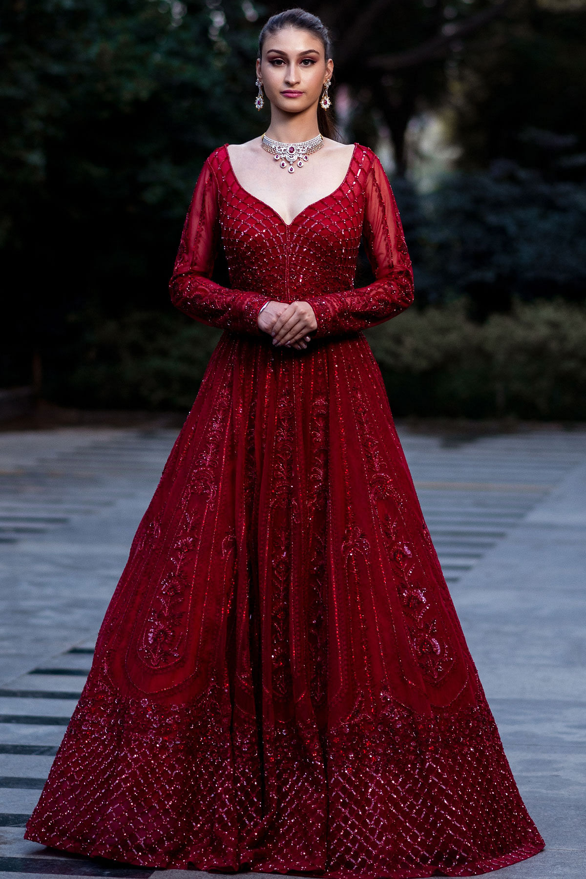 Desire Red Dori Embroidered Net Bridal Gown-GW1153