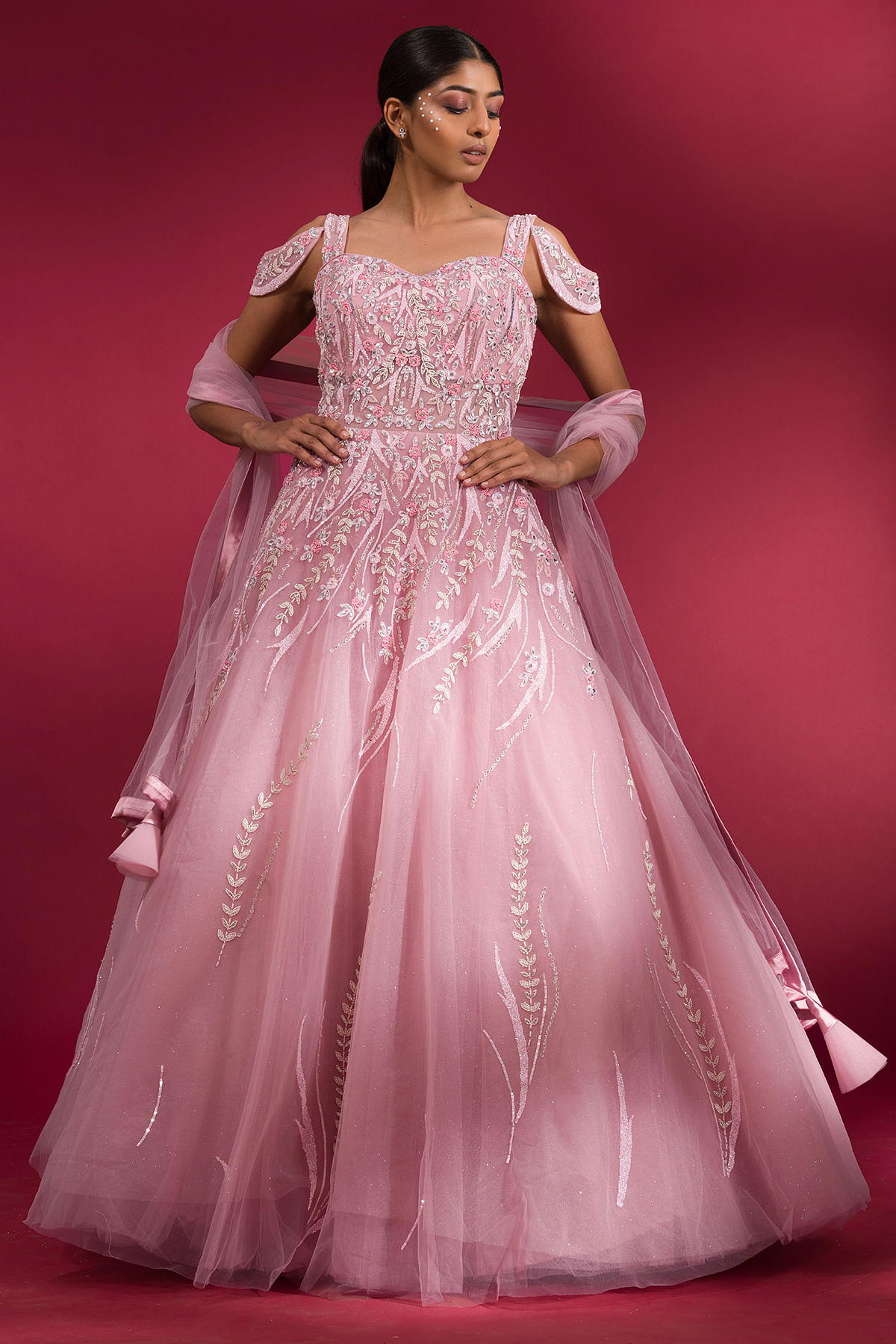 Cotton Candy Pink Sequins Embroidered Net Cocktail Gown-GW4396