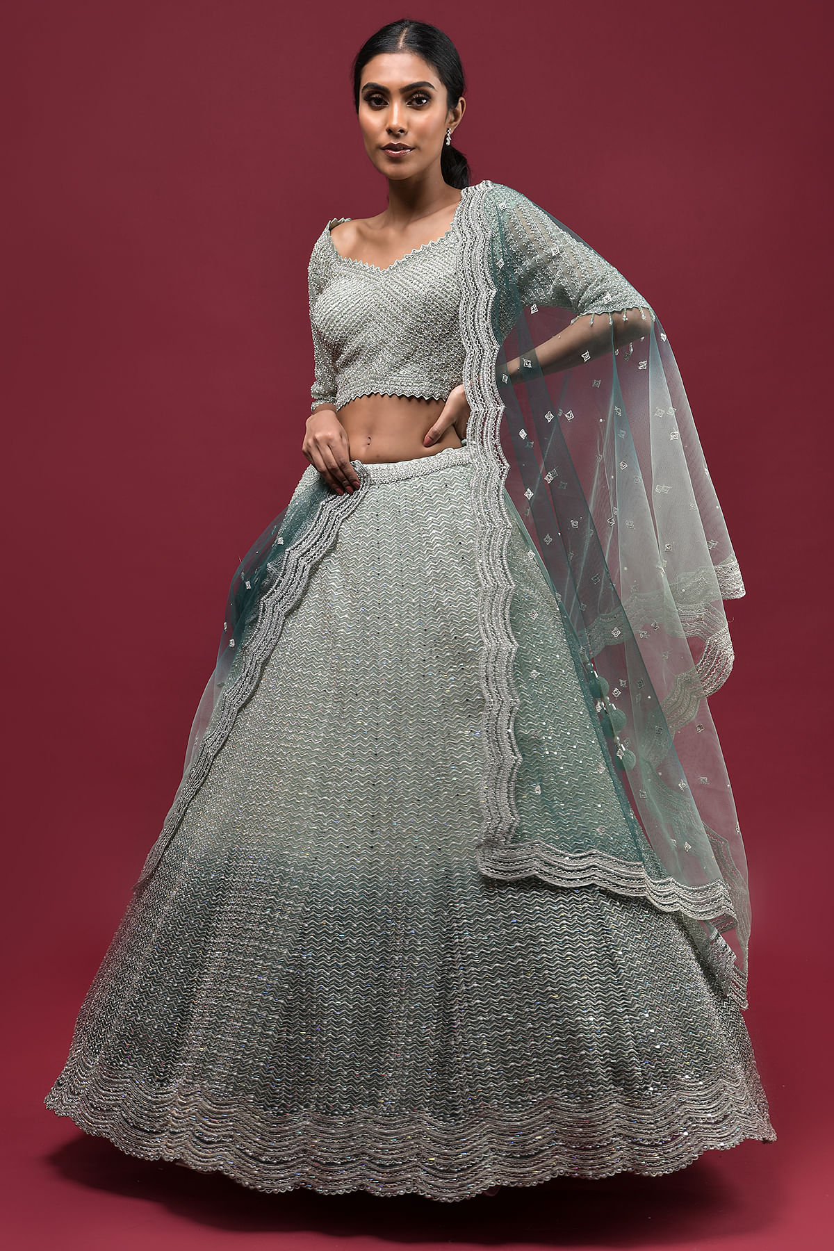 Grey-Green Ombre Cutdana Embroidered Net Designer Lehenga-HA2224