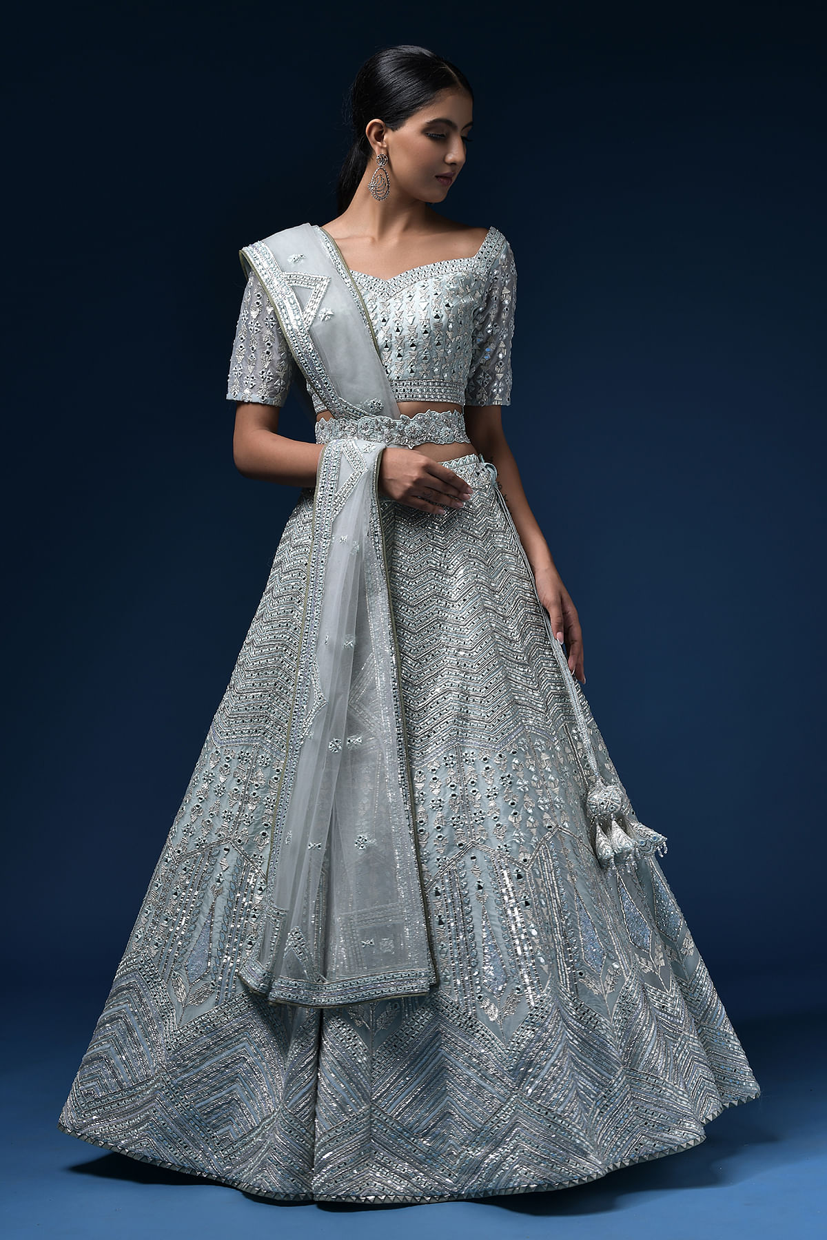 Cloud Grey Mirror Embroidered Organza Bridal Lehenga