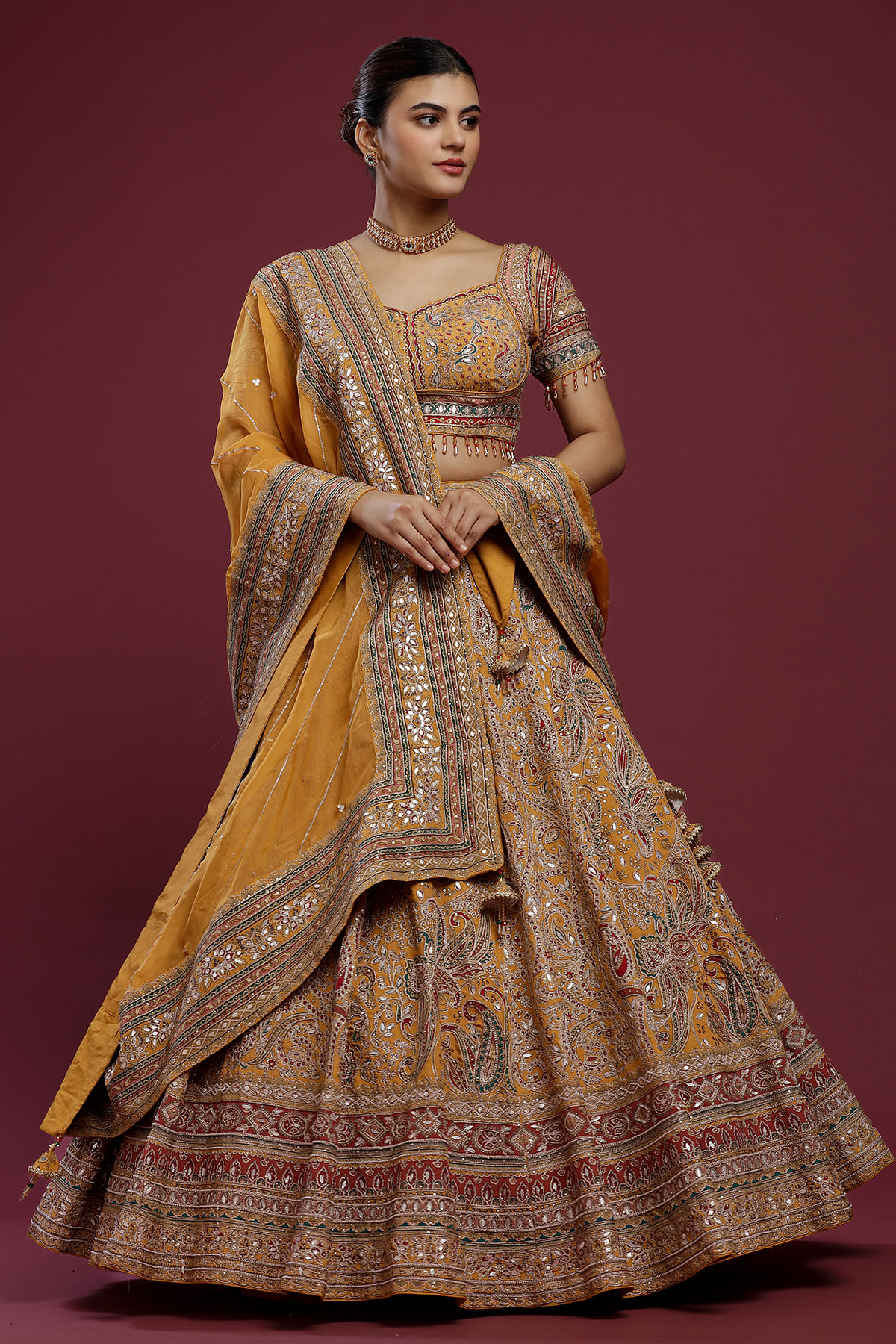 Buy Harvest Gold Yellow Sequins Embroidered Silk Bridesmaid Lehenga Online at Samyakk