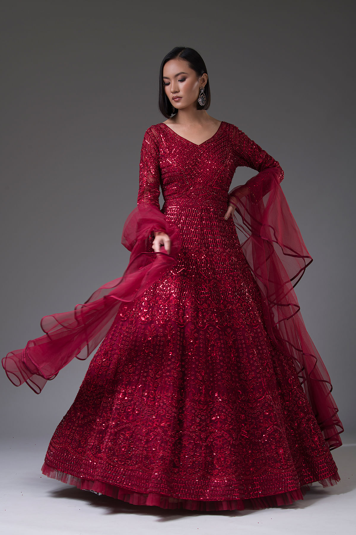 Garnet Red Sequins Embroidered Net Bridal Gown