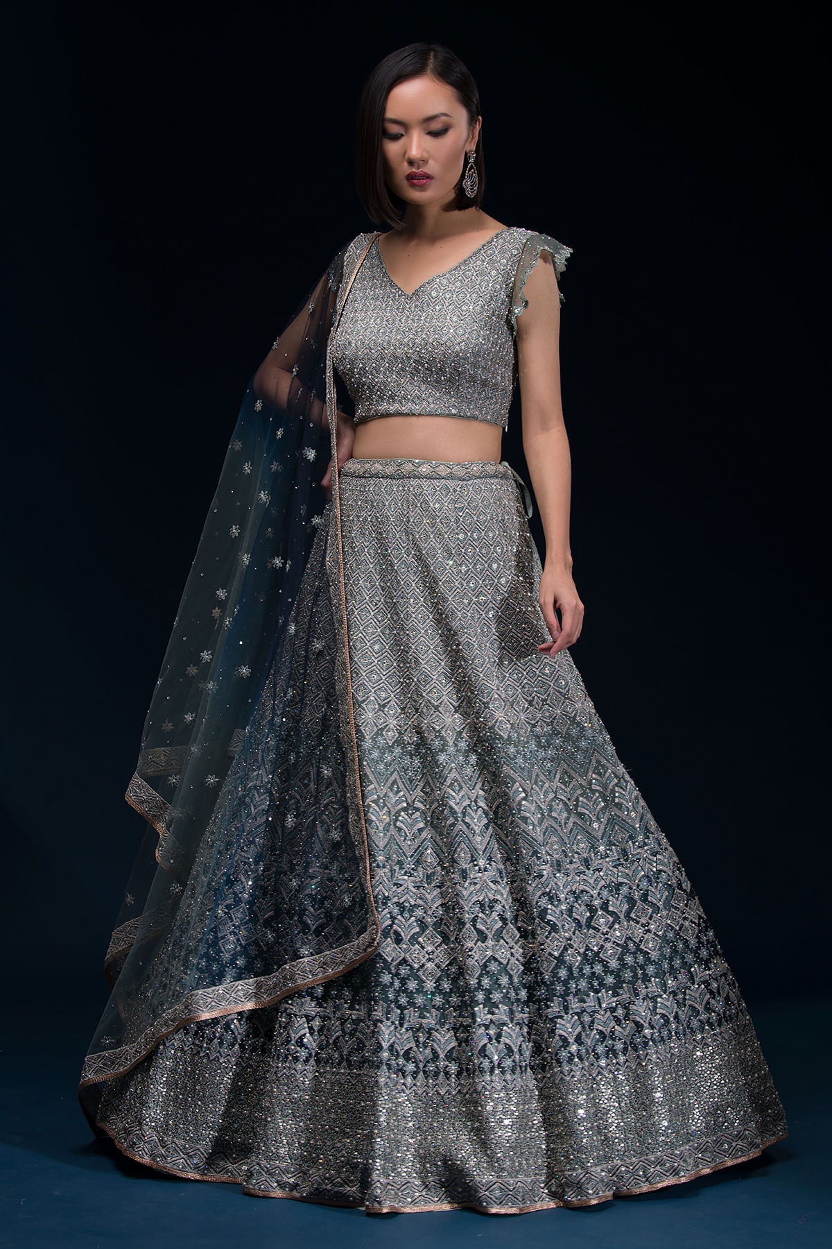 Green Shaded Mirror Embroidered Net Designer Lehenga by Samyakk