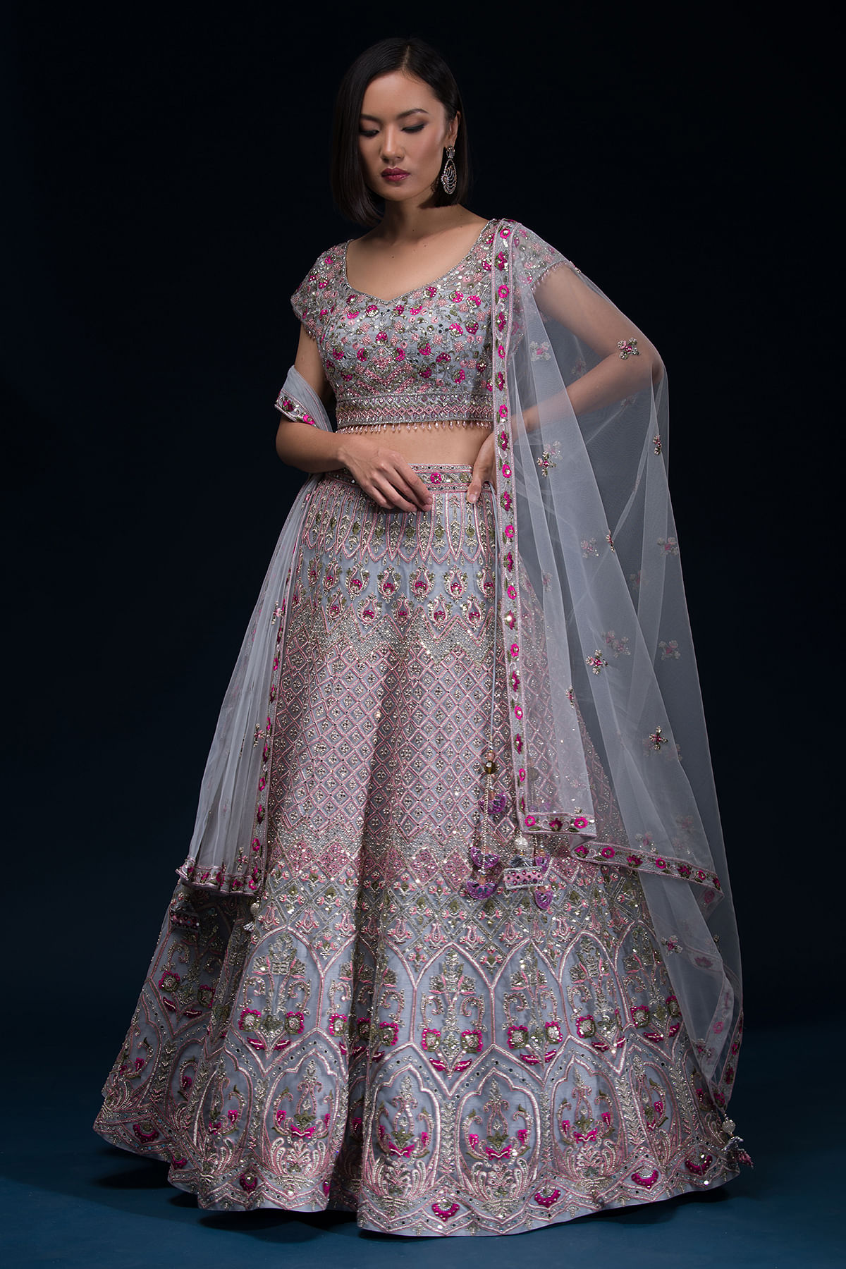 Hand work pink blouse with light blue lehenga by Sweta Acharya! Can be  customized as per your choice and sty… | Combination dresses, Light blue  skirts, Blue lehenga