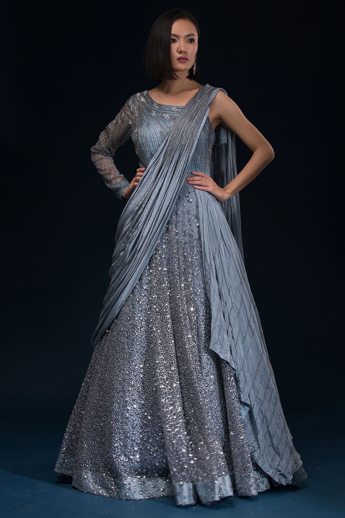 Angad Singh Sequin Embellished Gown | Grey, Net, U Neck, Half | Embellished  gown, Fashion, Grey gown