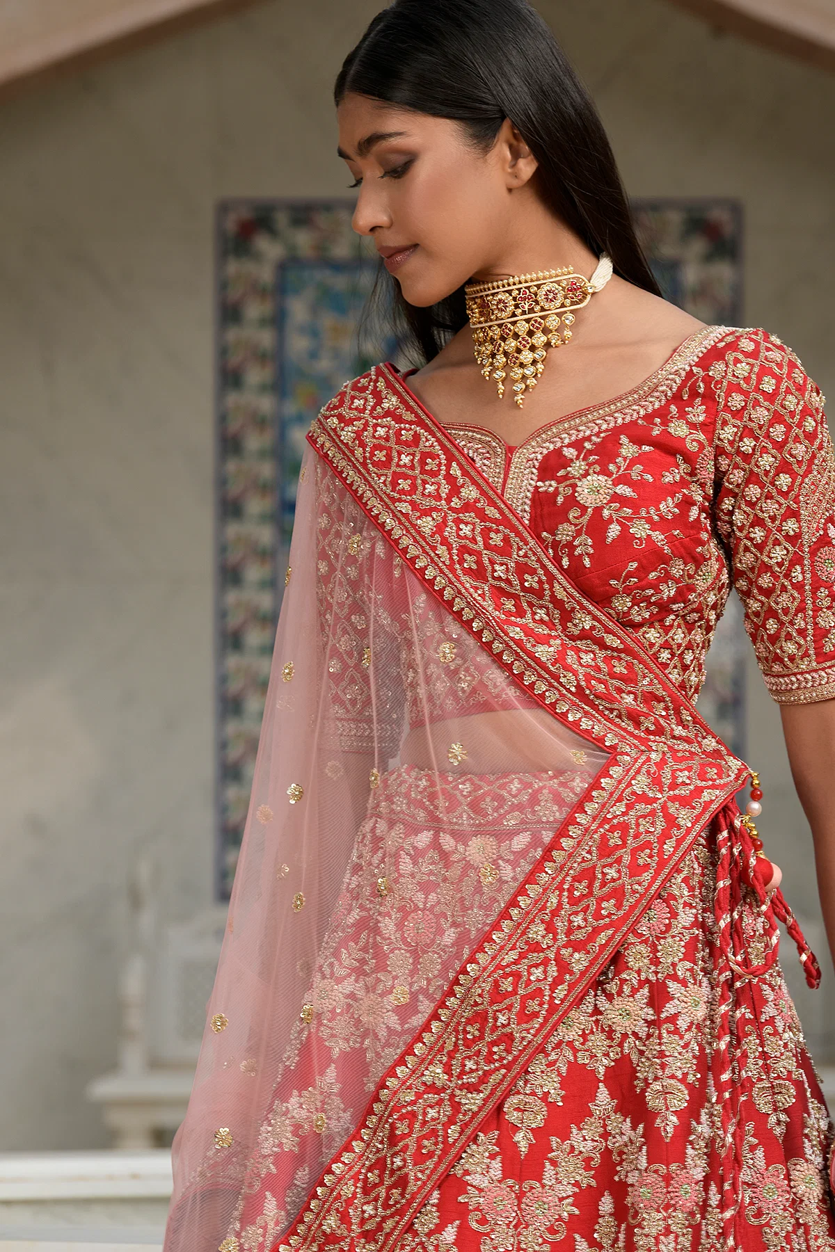 Crimson Red Sequins Embroidered Raw Silk Wedding Lehenga