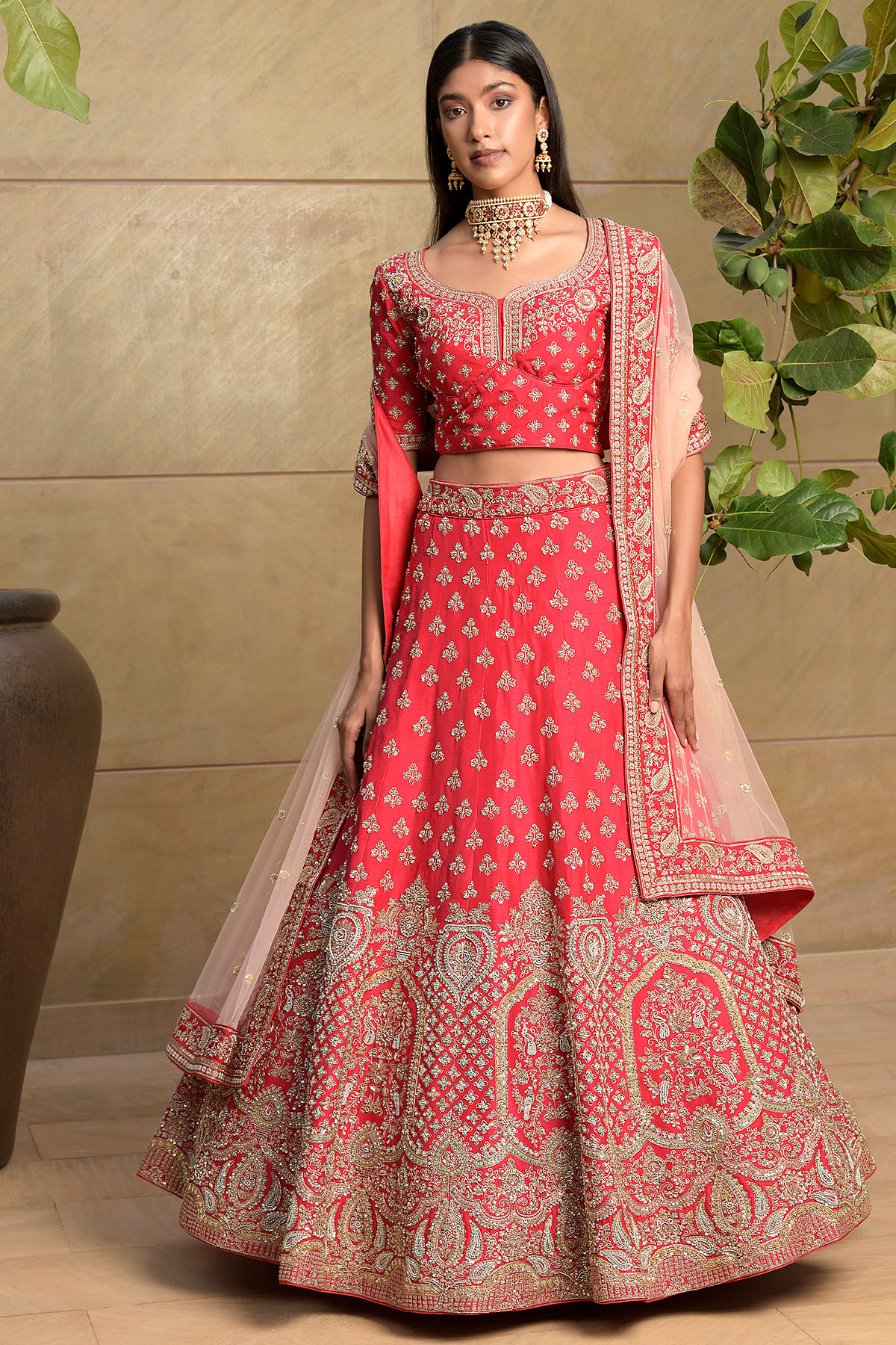 Rani Pink Heavy Multi Embroidered Velvet Bridal Lehenga – Maharani