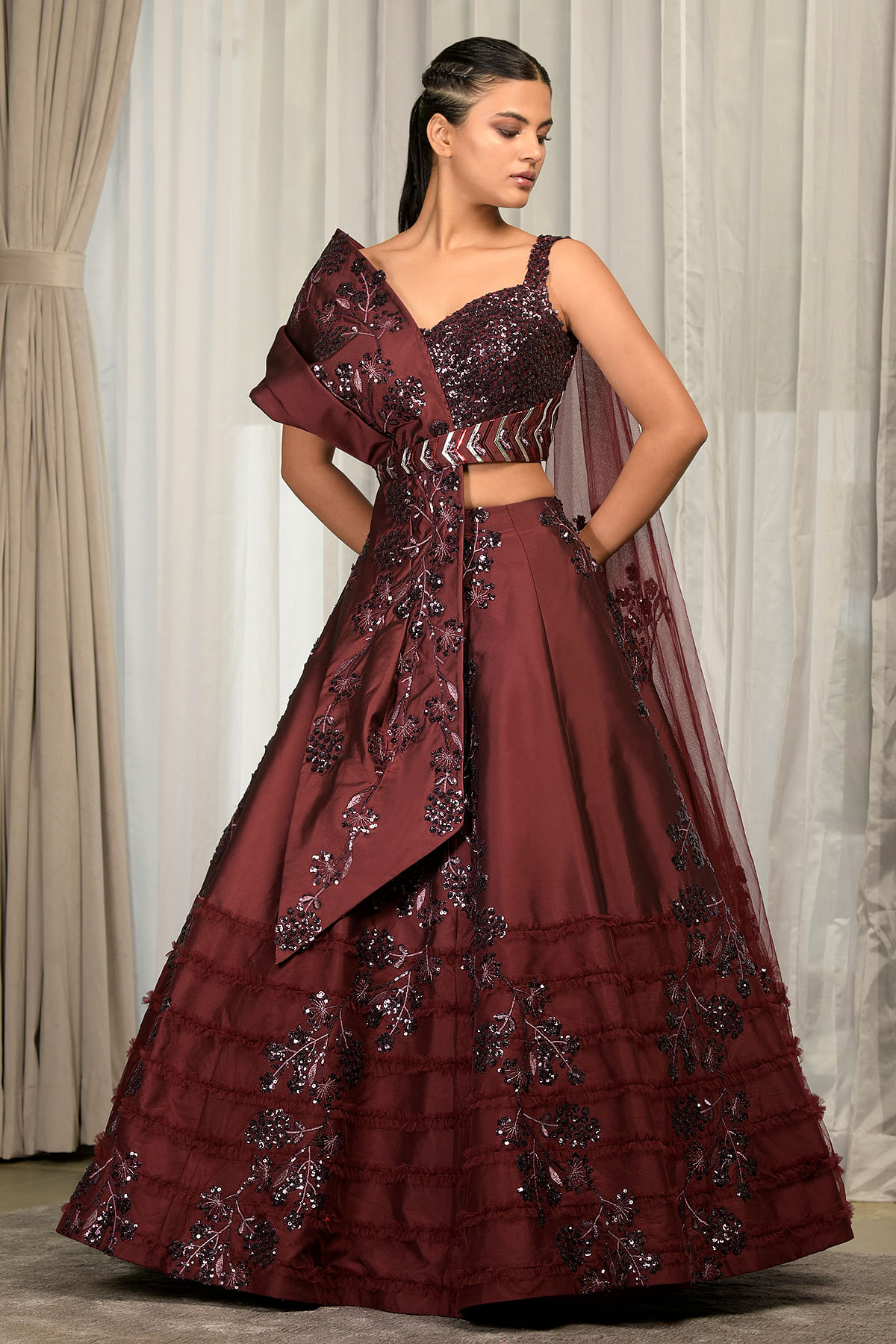 Irresistible Dark-brown thread and sequins embroidered net fabric lehenga  choli for wedding - MEGHALYA - 3777590