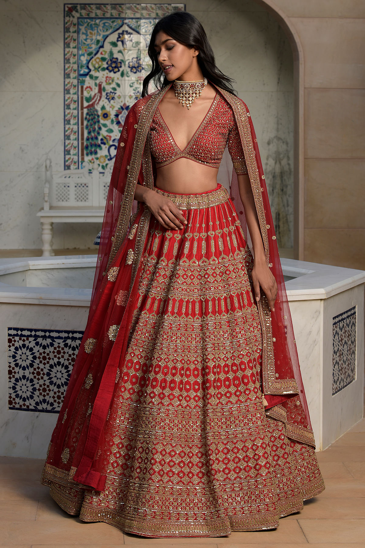 Buy Apple Red Raw Silk Bridal Lehenga with Hand Embroidery KALKI Fashion  India