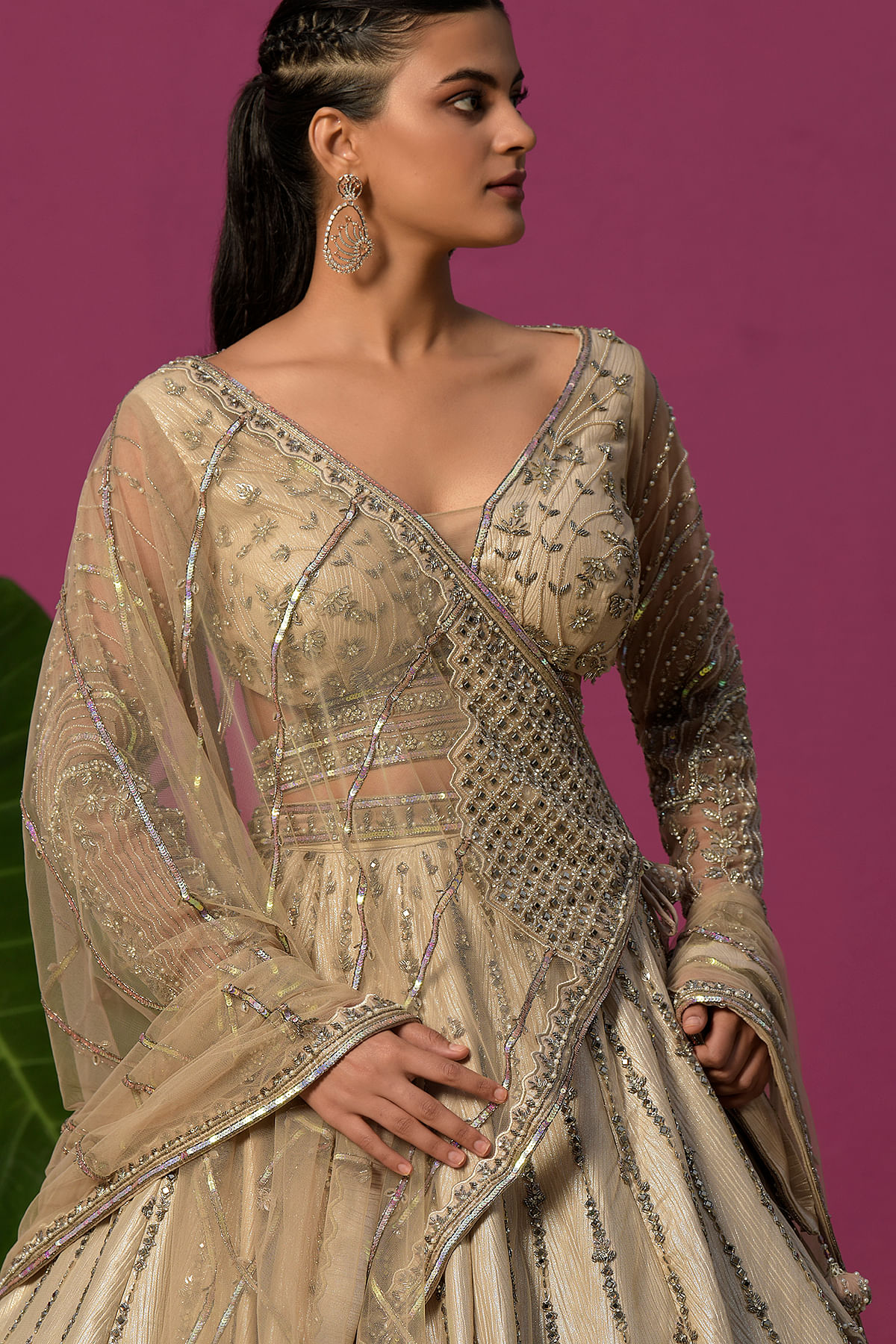 Buy Light Beige Bead Embroidered Net Wedding Lehenga Online at Samyakk