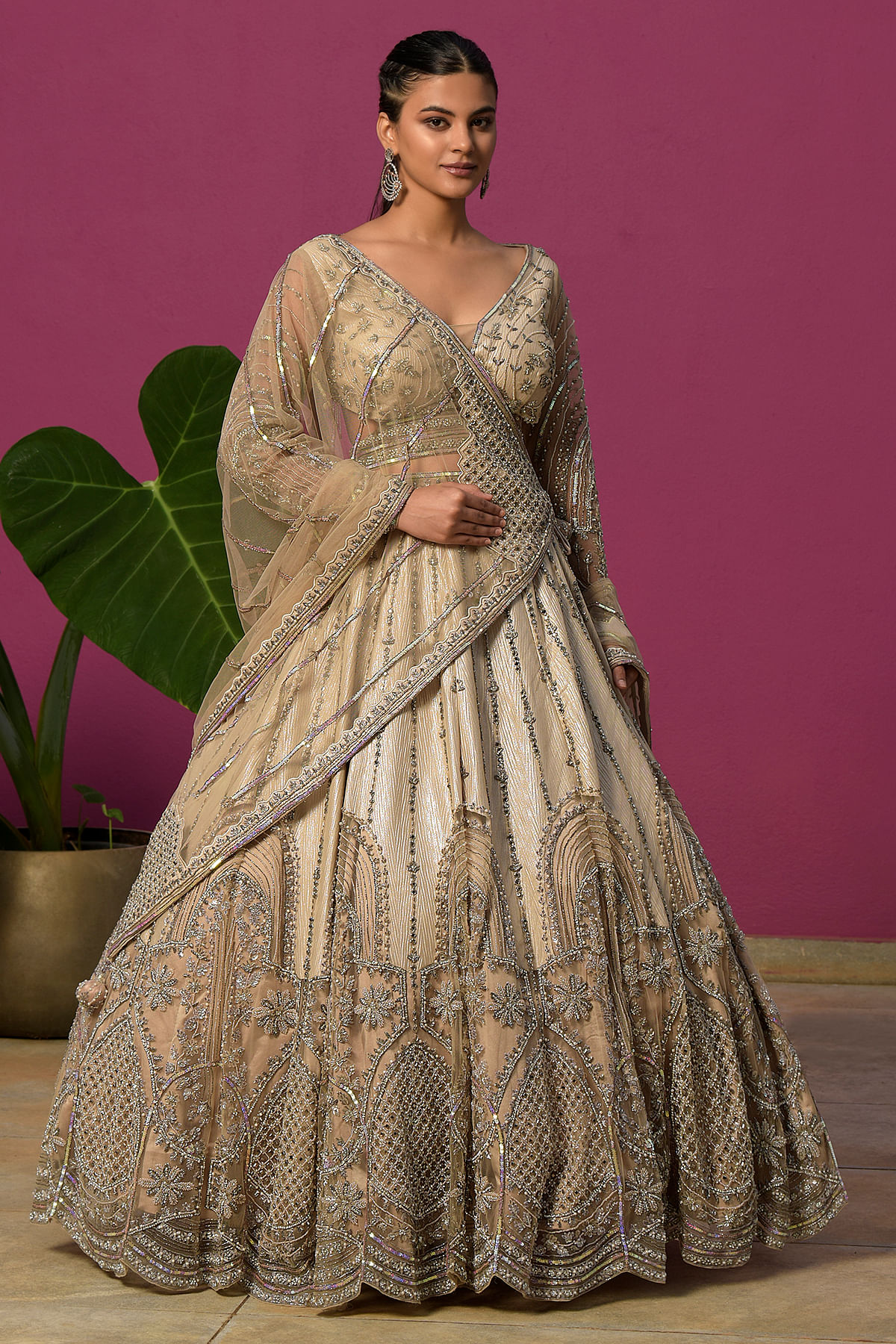 Buy Light Beige Bead Embroidered Net Wedding Lehenga Online at Samyakk