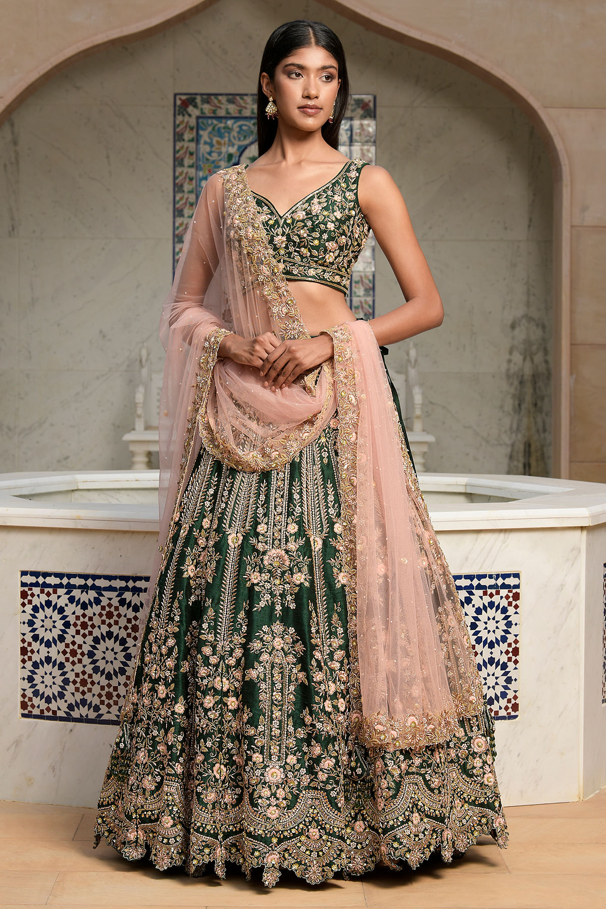 Phthalo Green Zardosi Embroidered Raw Silk Wedding Lehenga by Samyakk