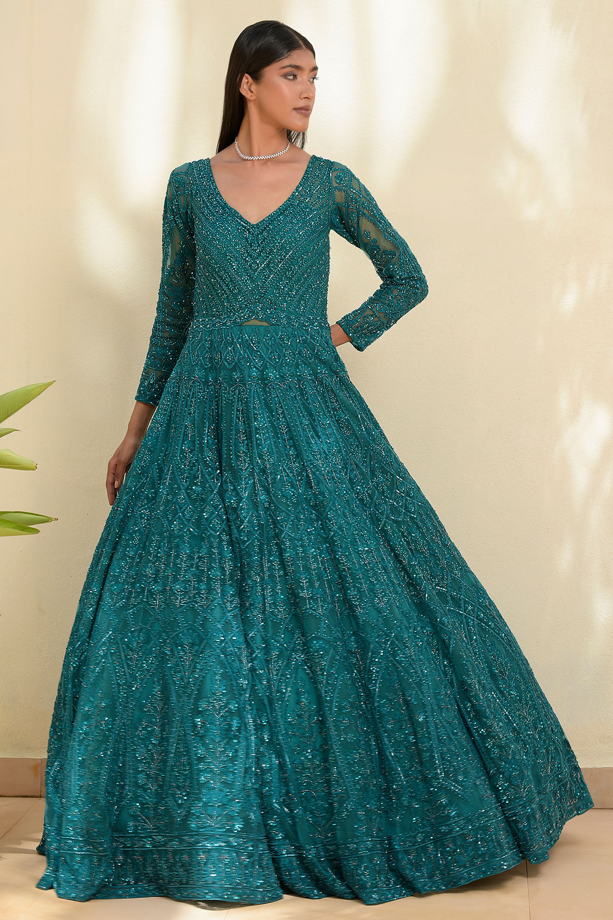 Buy Carolina Blue Sequins Embroidered Net Reception Gown Online | Samyakk
