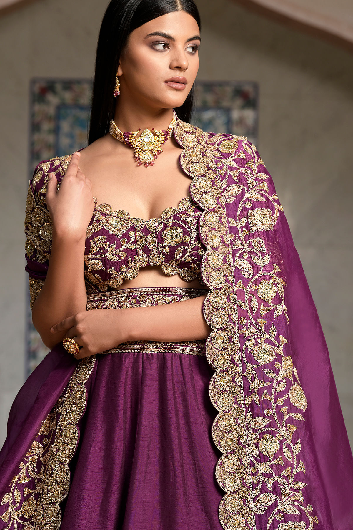 Buy Plum Purple Zardosi Embroidered Raw Silk Wedding Lehenga Online