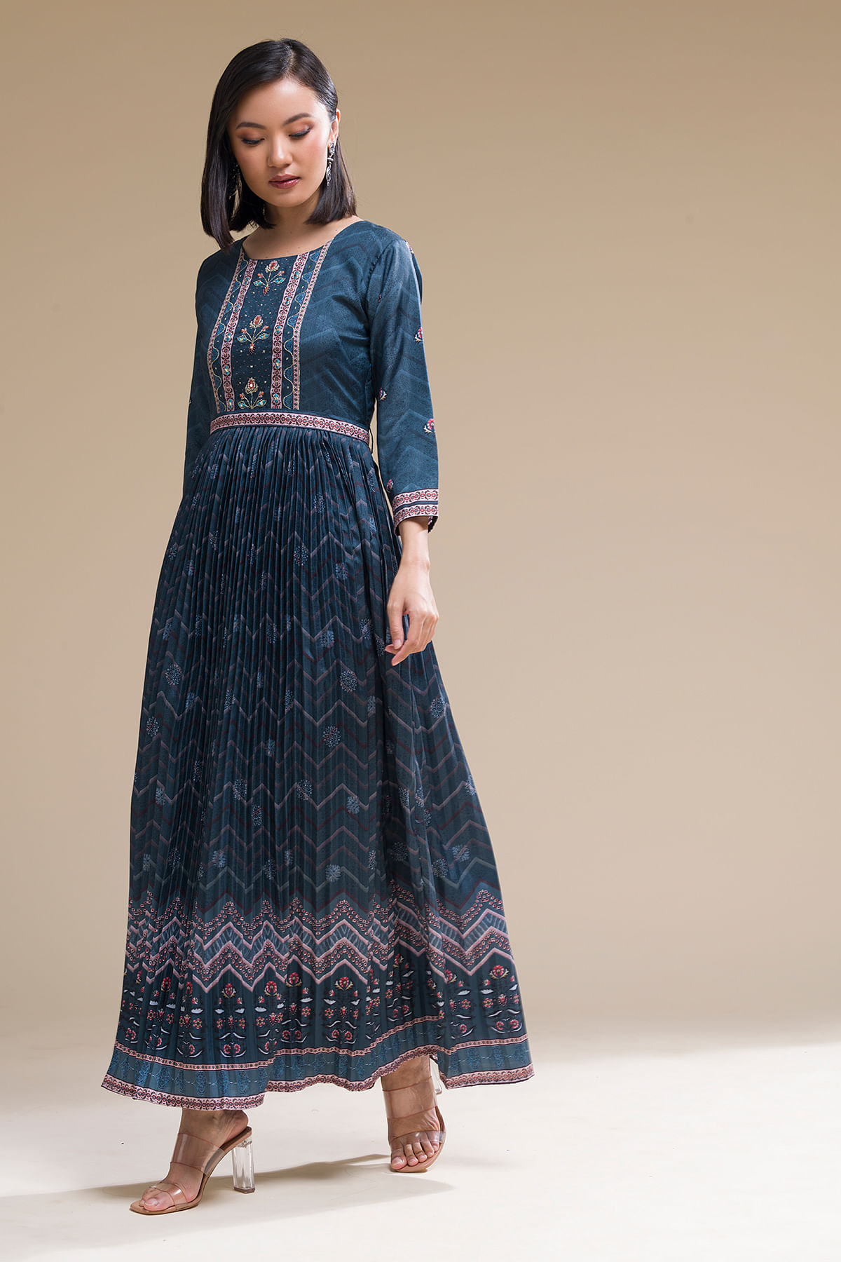 Buy Dark Prussian Blue Printed Crepe Kurti Online at Samyakk