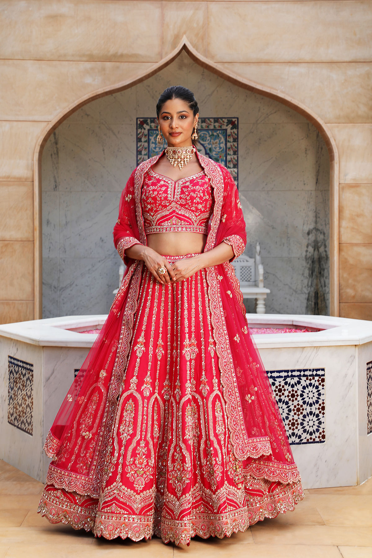 Buy Cardinal Red Sequins Embroidered Silk Bridal Lehenga Online | Samyakk