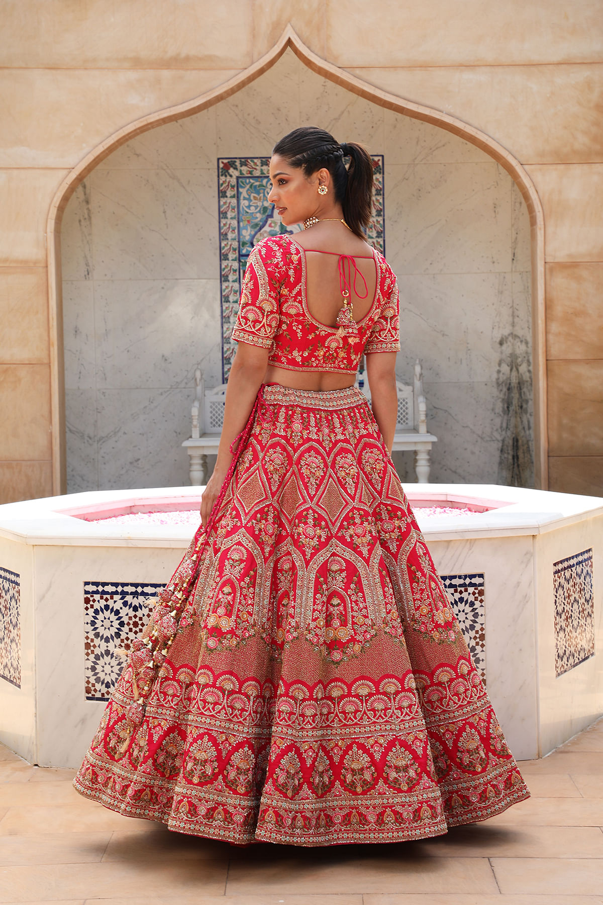 Buy Light Peach Resham Embroidered Silk Designer Lehenga Online | Samyakk