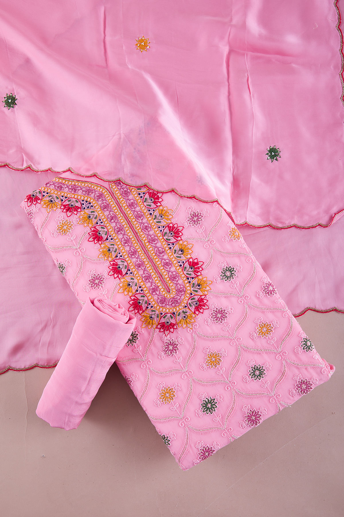 Light Blush Pink Thread Embroidered Georgette Unstitched Salwar
