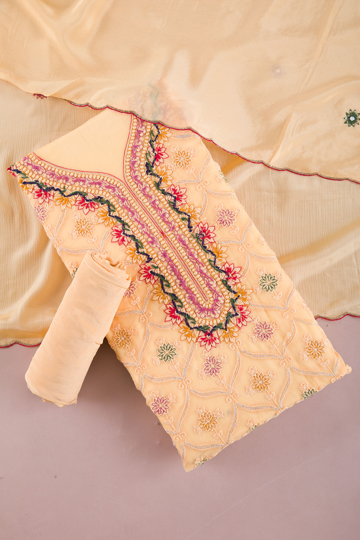 Light Orange Thread Embroidered Georgette Unstitched Salwar