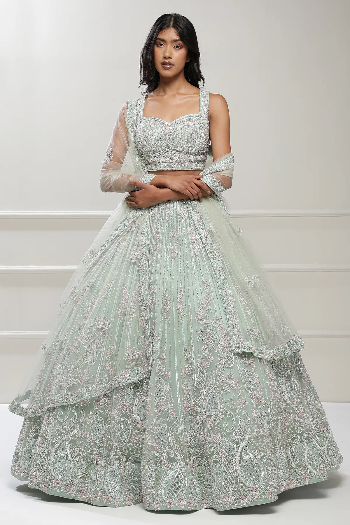 Buy Light Mint Green Sequins Embroidered Net Reception Lehenga Online at Samyakk
