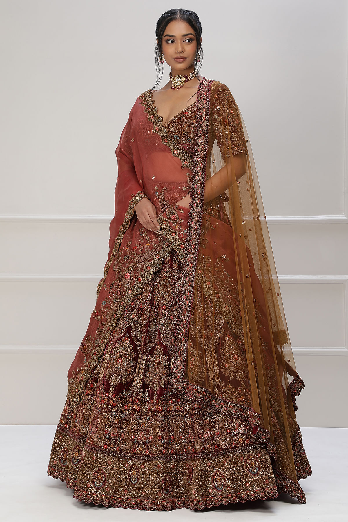 Deep Wine Zardosi Embroidered Velvet Wedding Lehenga by Samyakk