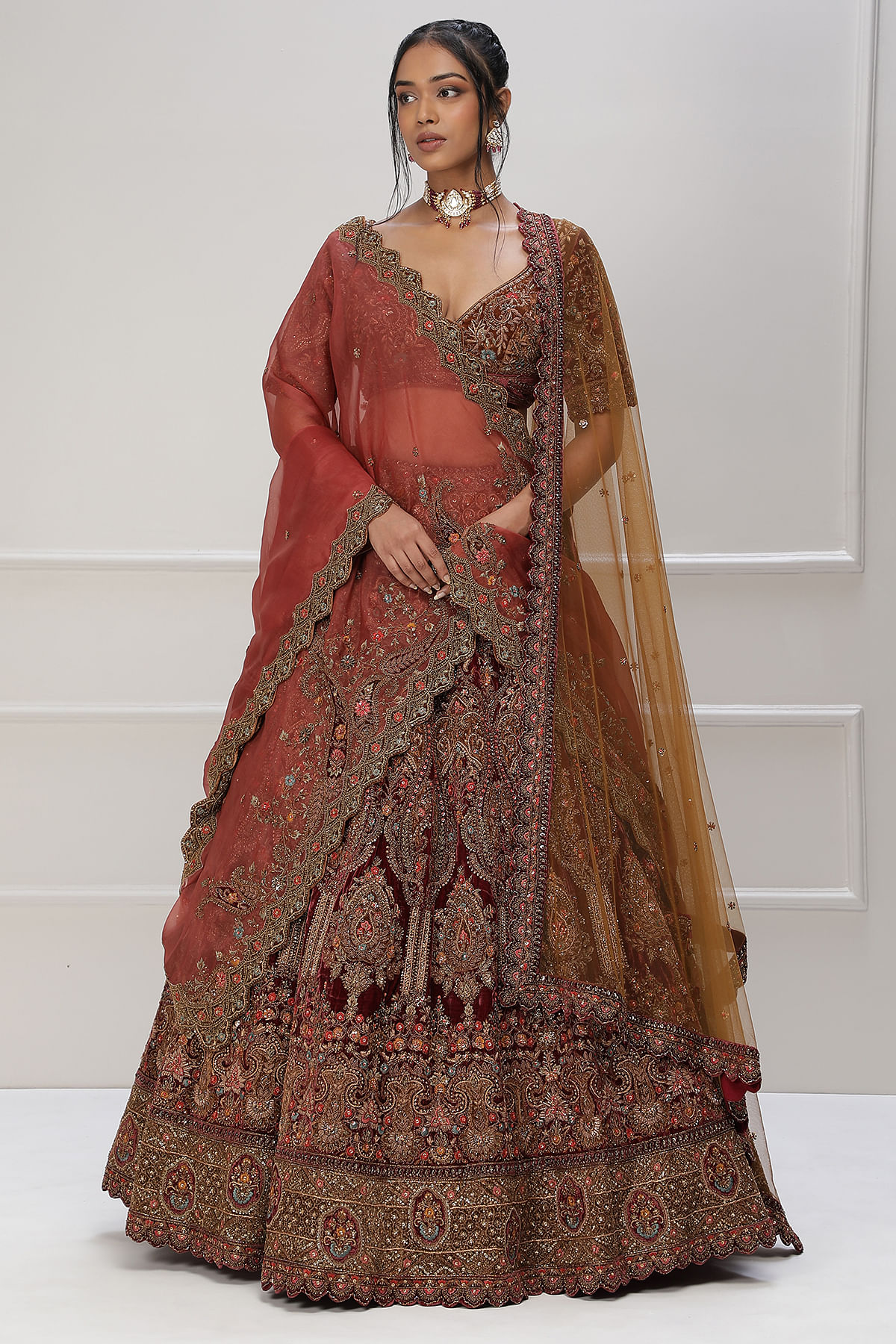 Embroidered Velvet Bridal Lehenga with Double Chunni in Wine color-818 –  Saundaryam Fashions