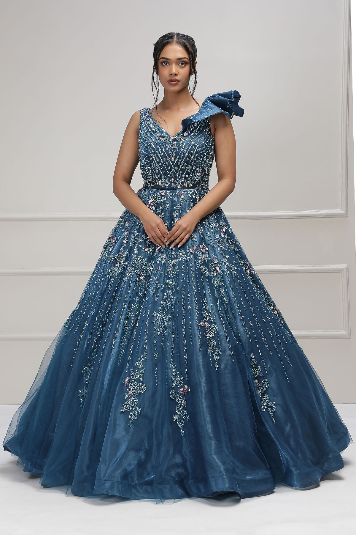 Steel Blue Sequins Embroidered Net Cocktail Gown-HF1759