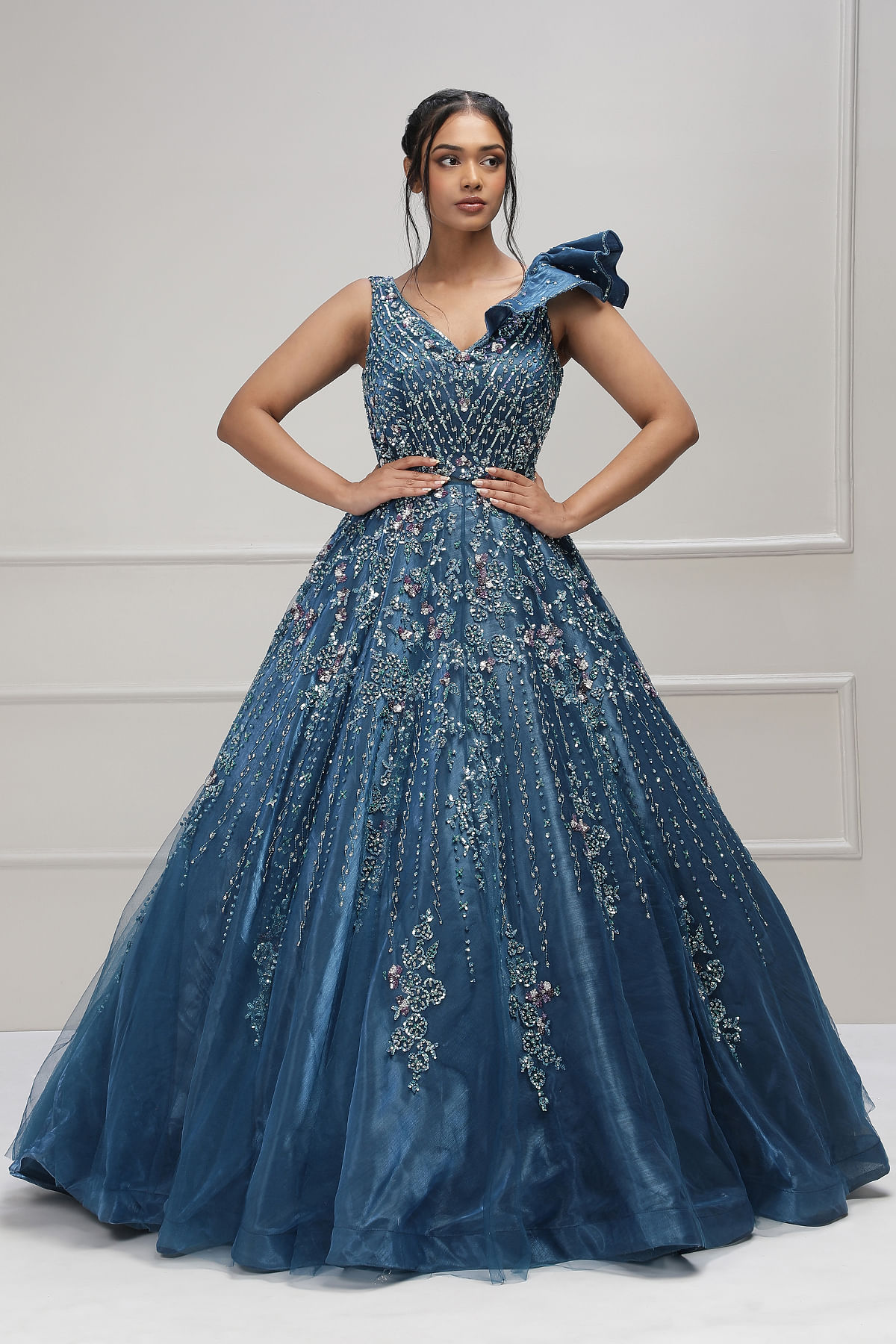 Buy Steel Blue Sequins Embroidered Net Cocktail Gown Online at Samyakk