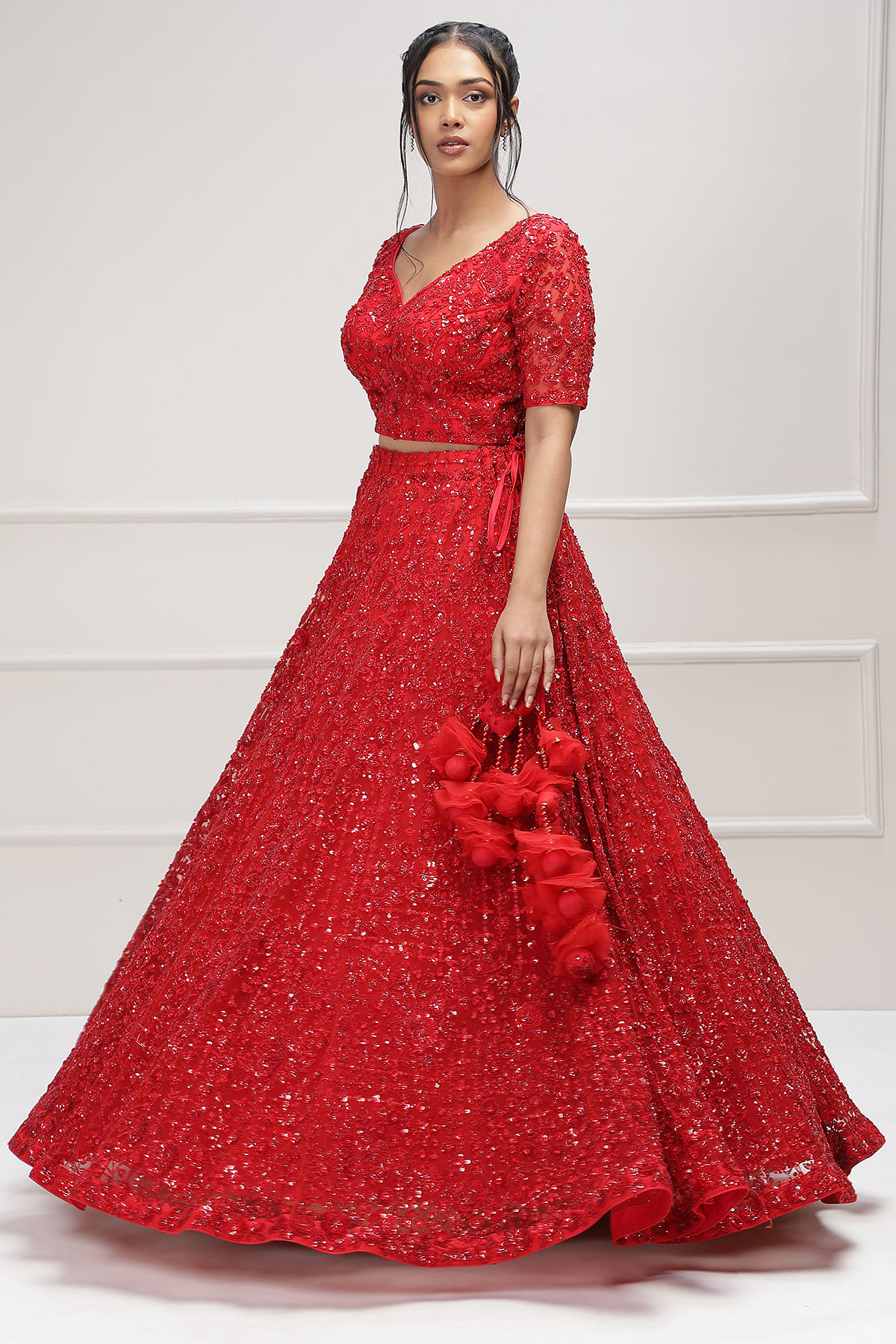 Crimson Red Sequins Embroidered Net Wedding Lehenga