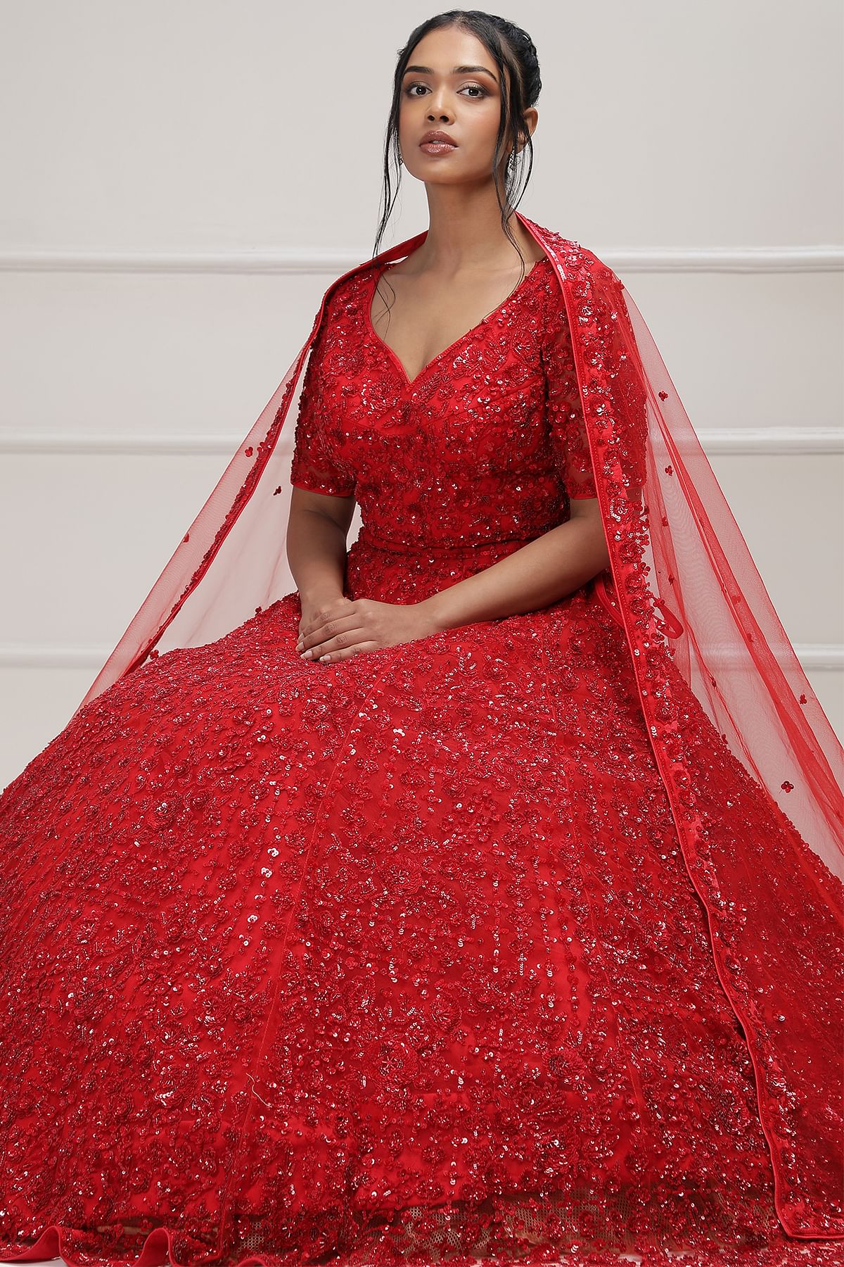 Buy Crimson Red Sequins Embroidered Net Wedding Lehenga Online Samyakk