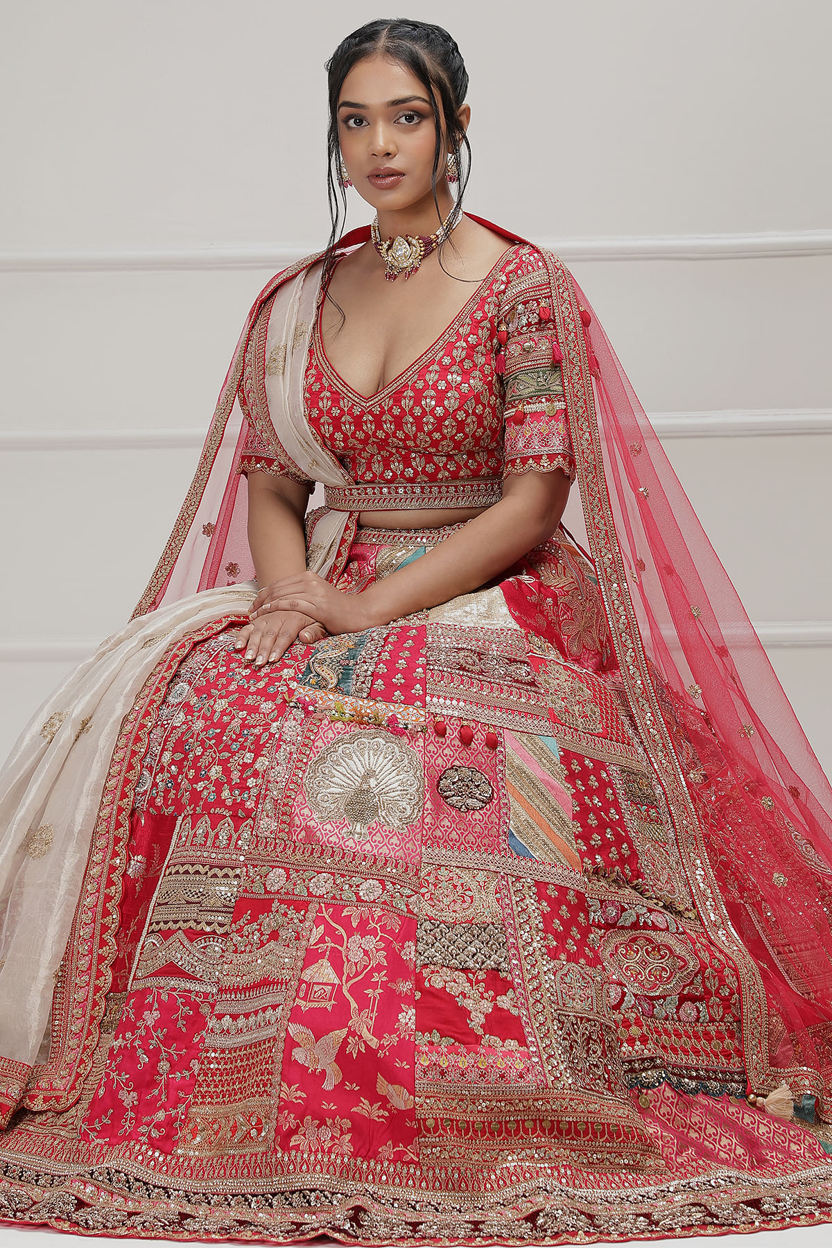 Apple Red Zardosi Embroidered Raw Silk Wedding Lehenga by Samyakk