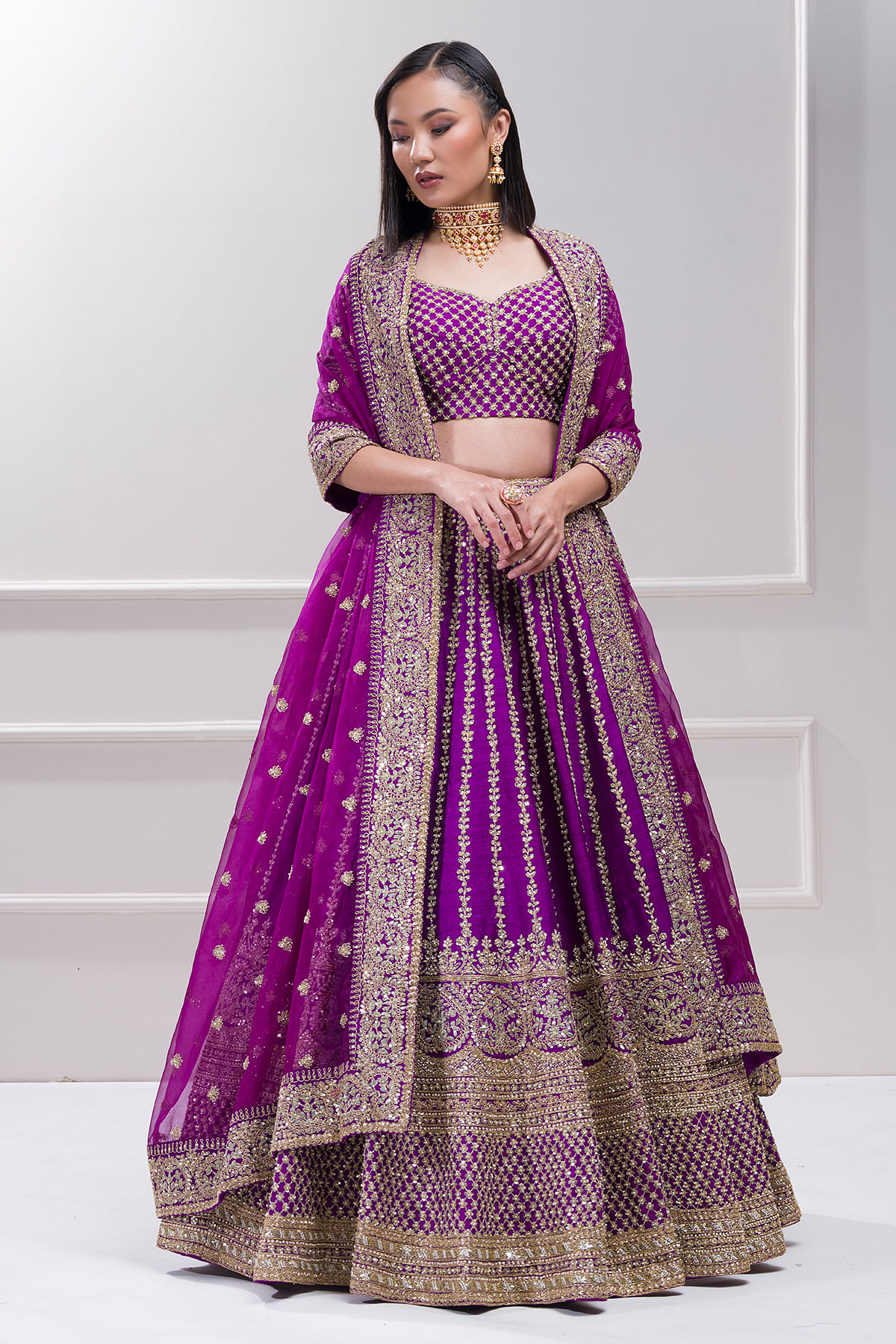 Buy Purple Thread Work Raw Silk Bridal Lehenga With Peach Choli And  Off-White Dupatta Online from EthnicPlus for ₹2749