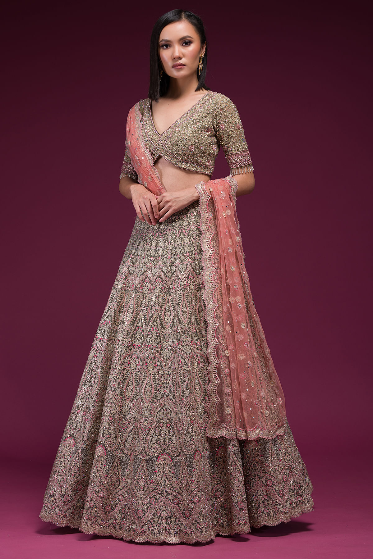 Colourful NAK4114 Bridal Shaded Pink Peach Yellow Handloom Net Lehenga