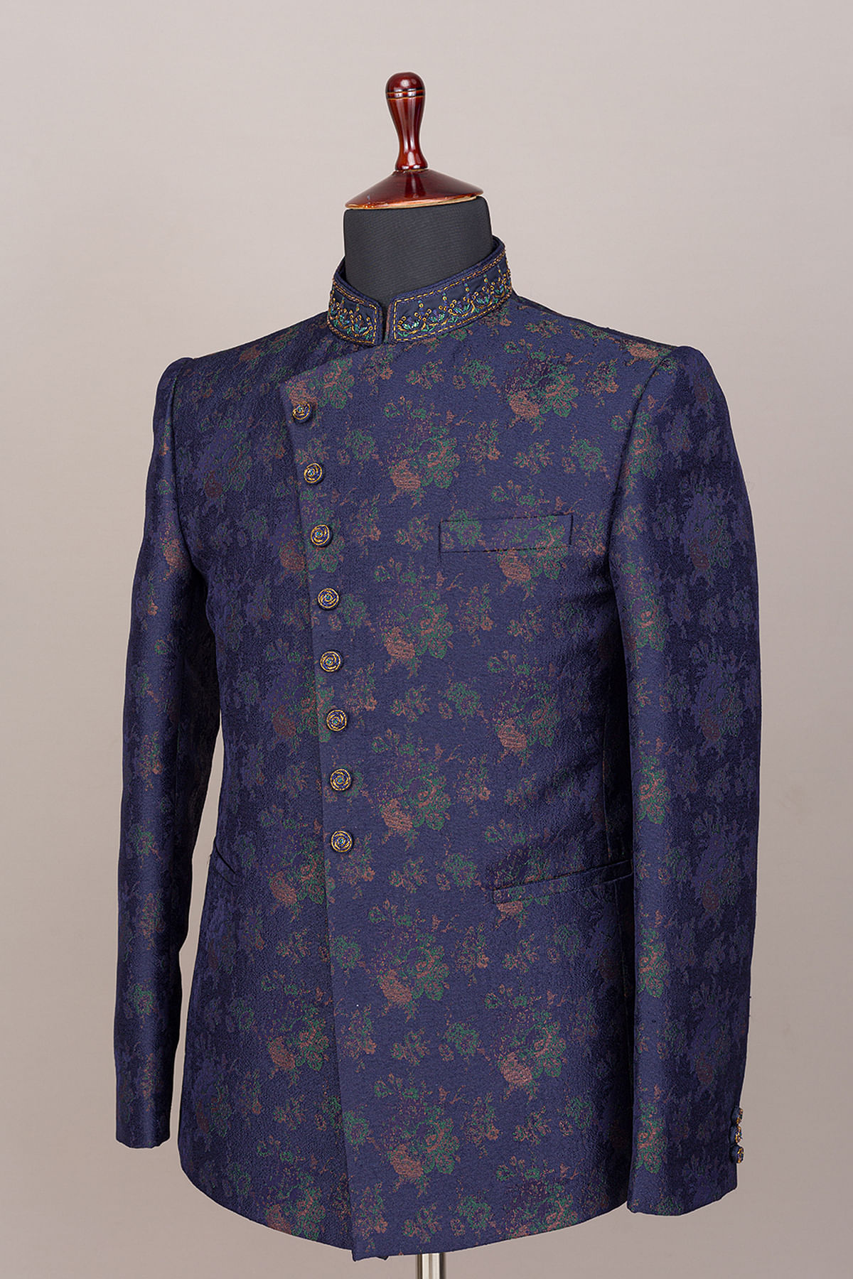 Exquisitely Navy Blue Floral Jute Weave Jodhpuri Suit Set